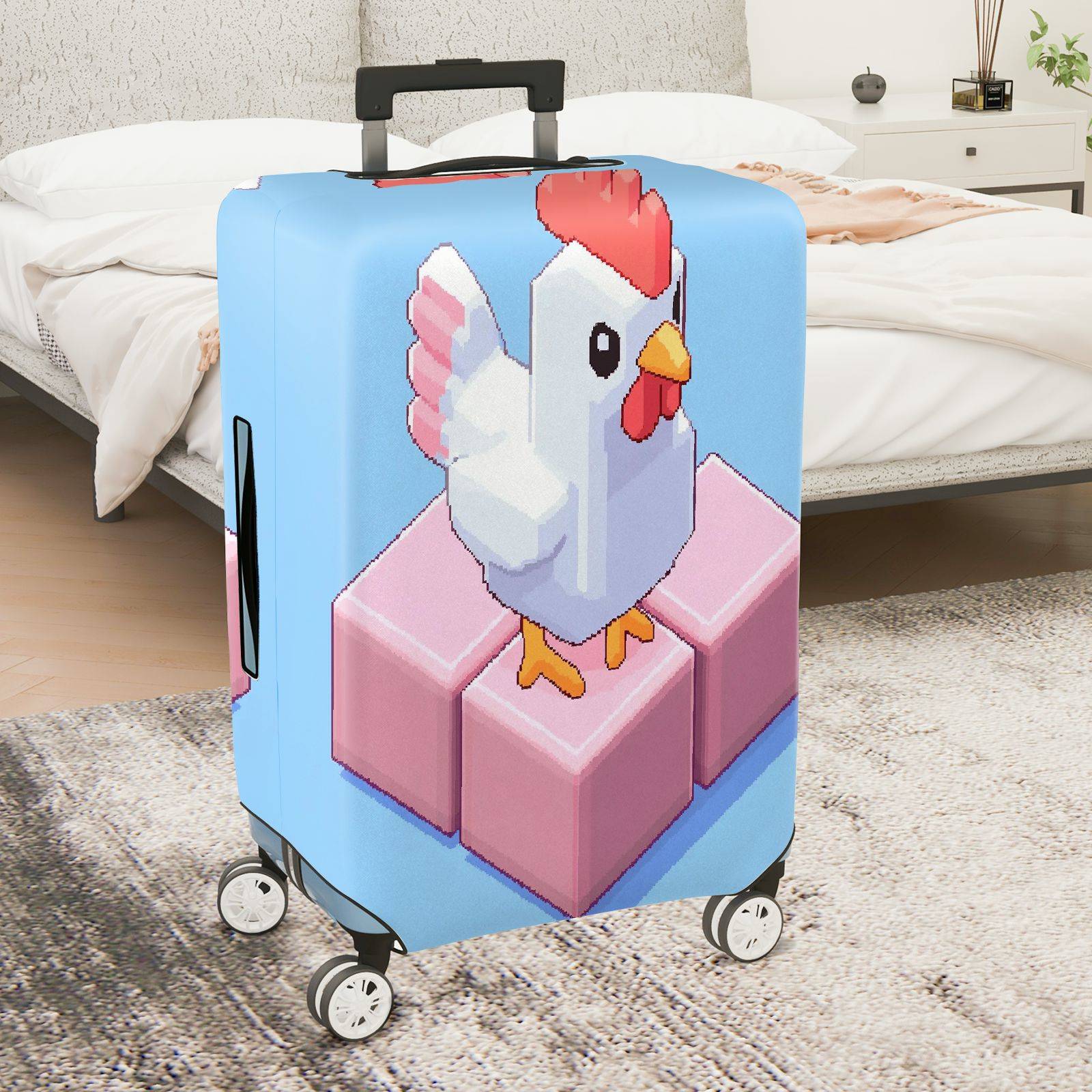 1-Piece Chicken Pixel Art Pink Blue Playful Abstract Geometric  Suitcase Luggage Cover, Stretch Protective Sleeve