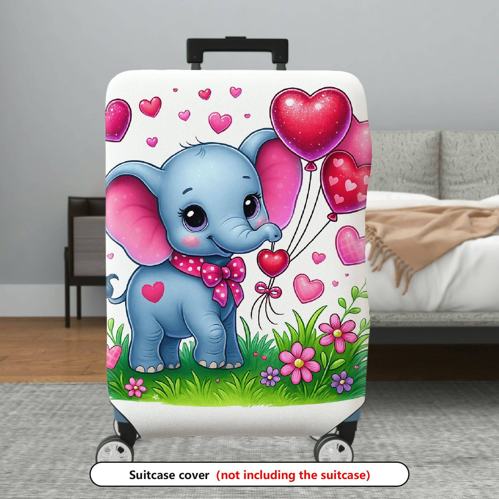 1-Piece Cute Elephant Heart Flower Balloon Valentine  Suitcase Luggage Cover, Stretch Protective Sleeve