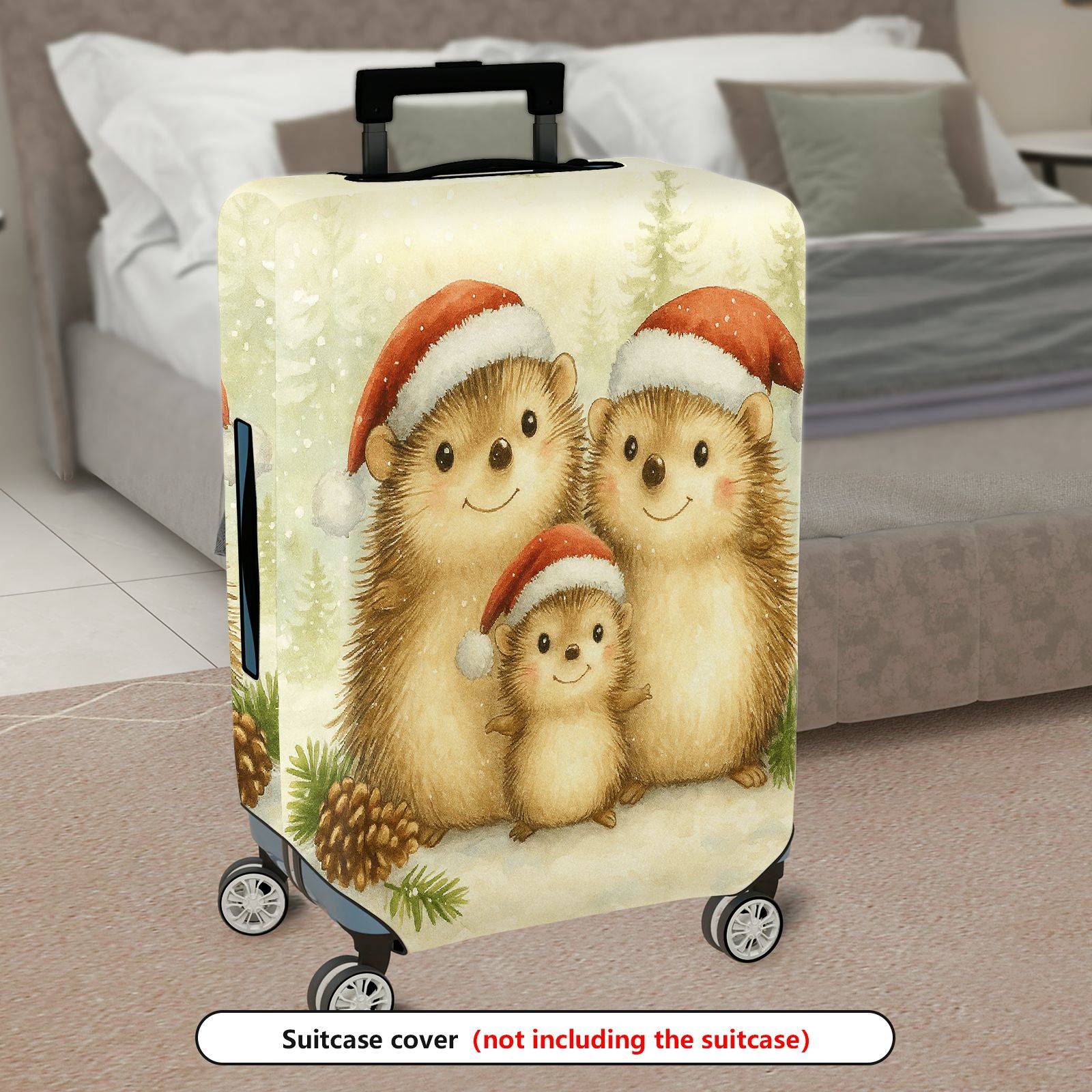 1-Piece Hedgehog Christmas Holiday Cute Family Santa  Suitcase Luggage Cover, Stretch Protective Sleeve