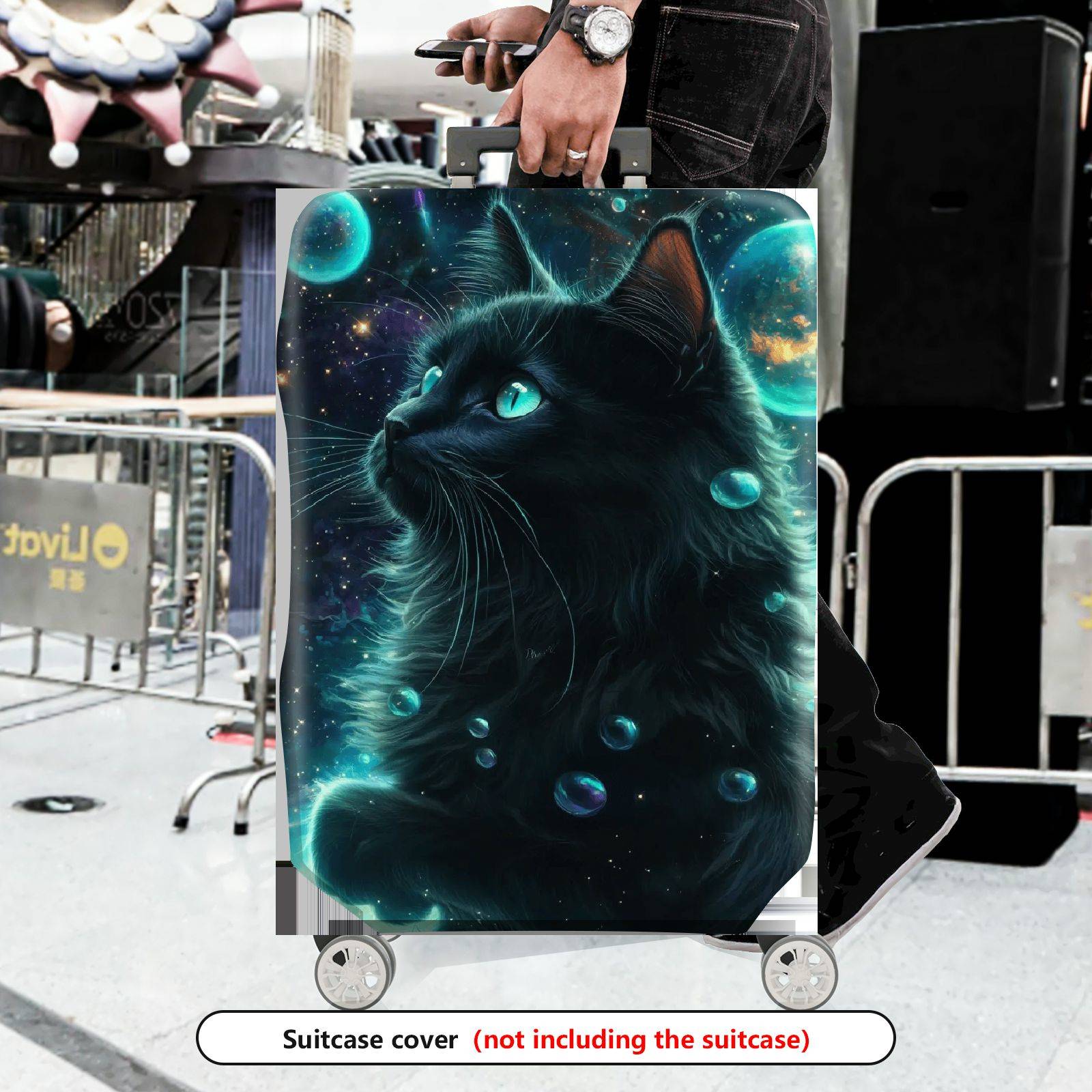 1-Piece Cosmic Feline Galaxy Starry Night Black  Suitcase Luggage Cover, Stretch Protective Sleeve