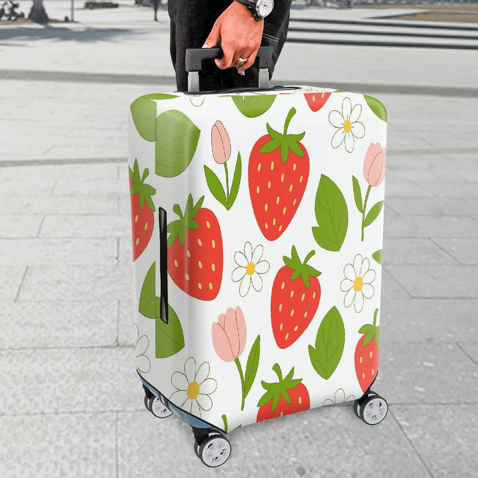 1-Piece Strawberry Floral Leaf Tulip Spring  Suitcase Luggage Cover, Stretch Protective Sleeve