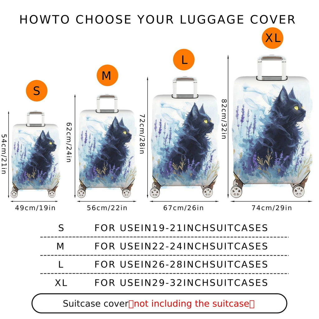 1-Piece Black Cat Lavender Abstract Art Floral  Suitcase Luggage Cover, Stretch Protective Sleeve