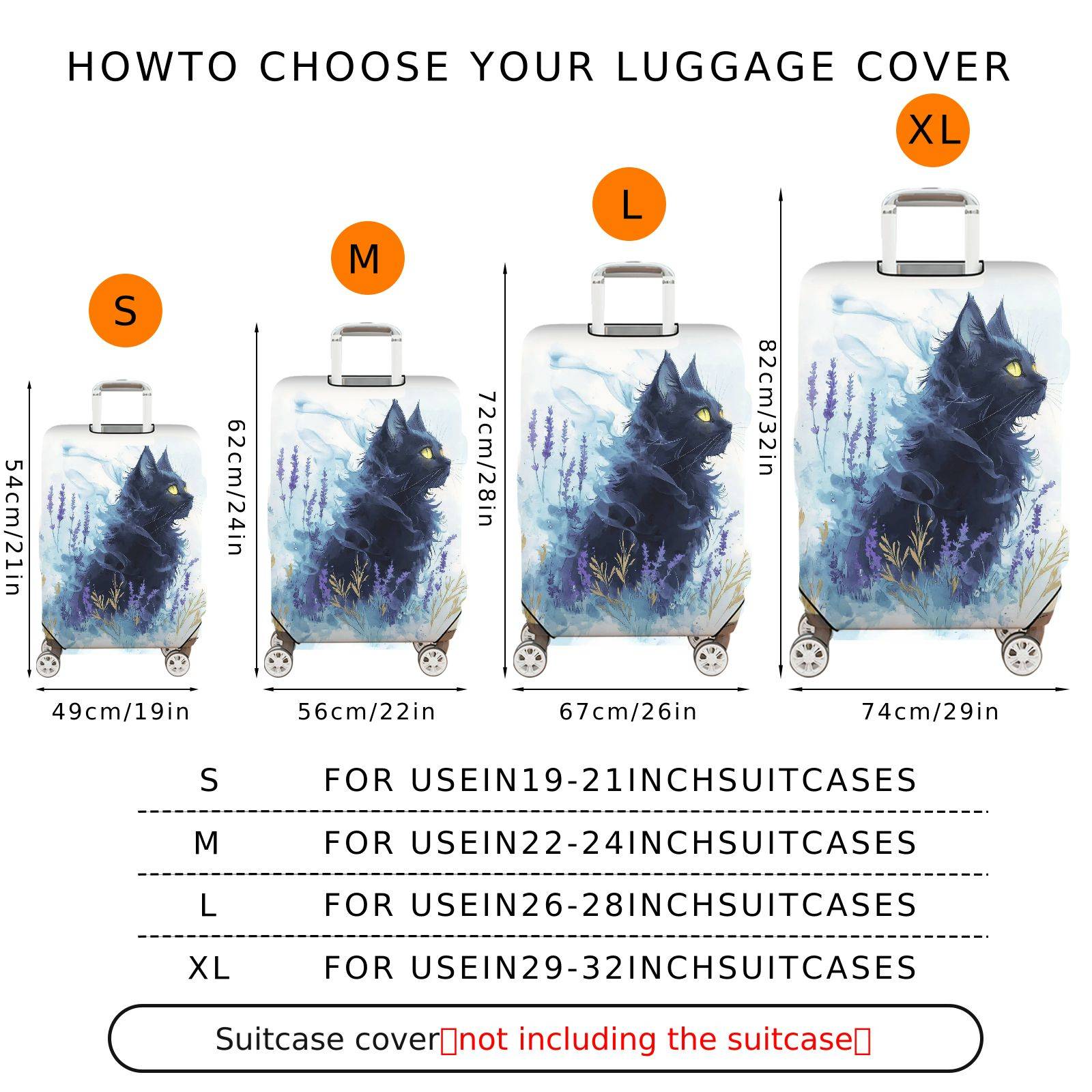 1-Piece Black Cat Lavender Abstract Art Floral  Suitcase Luggage Cover, Stretch Protective Sleeve