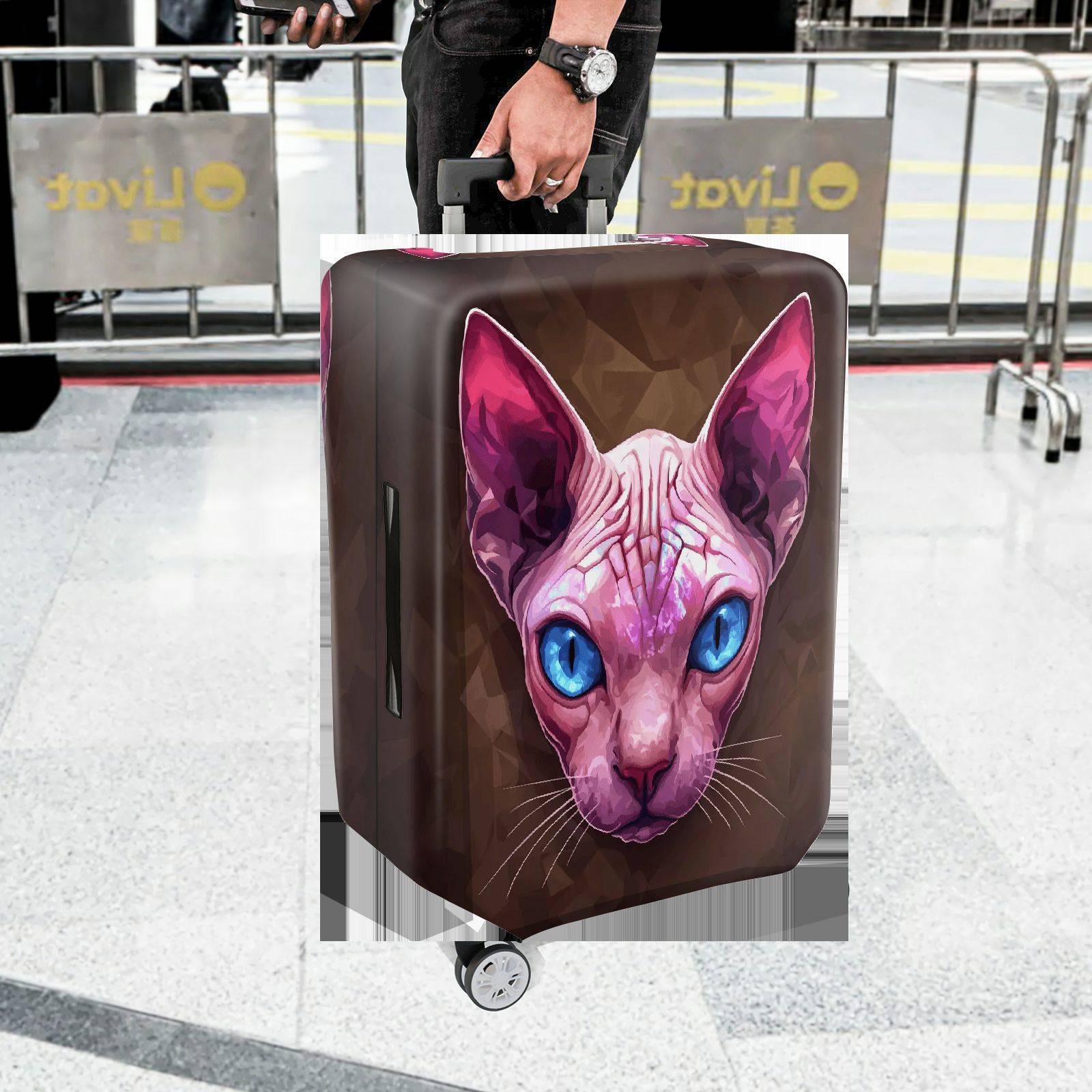1-Piece Pink Sphynx Cat Blue Eyes Geometric Art Animal  Suitcase Luggage Cover, Stretch Protective Sleeve