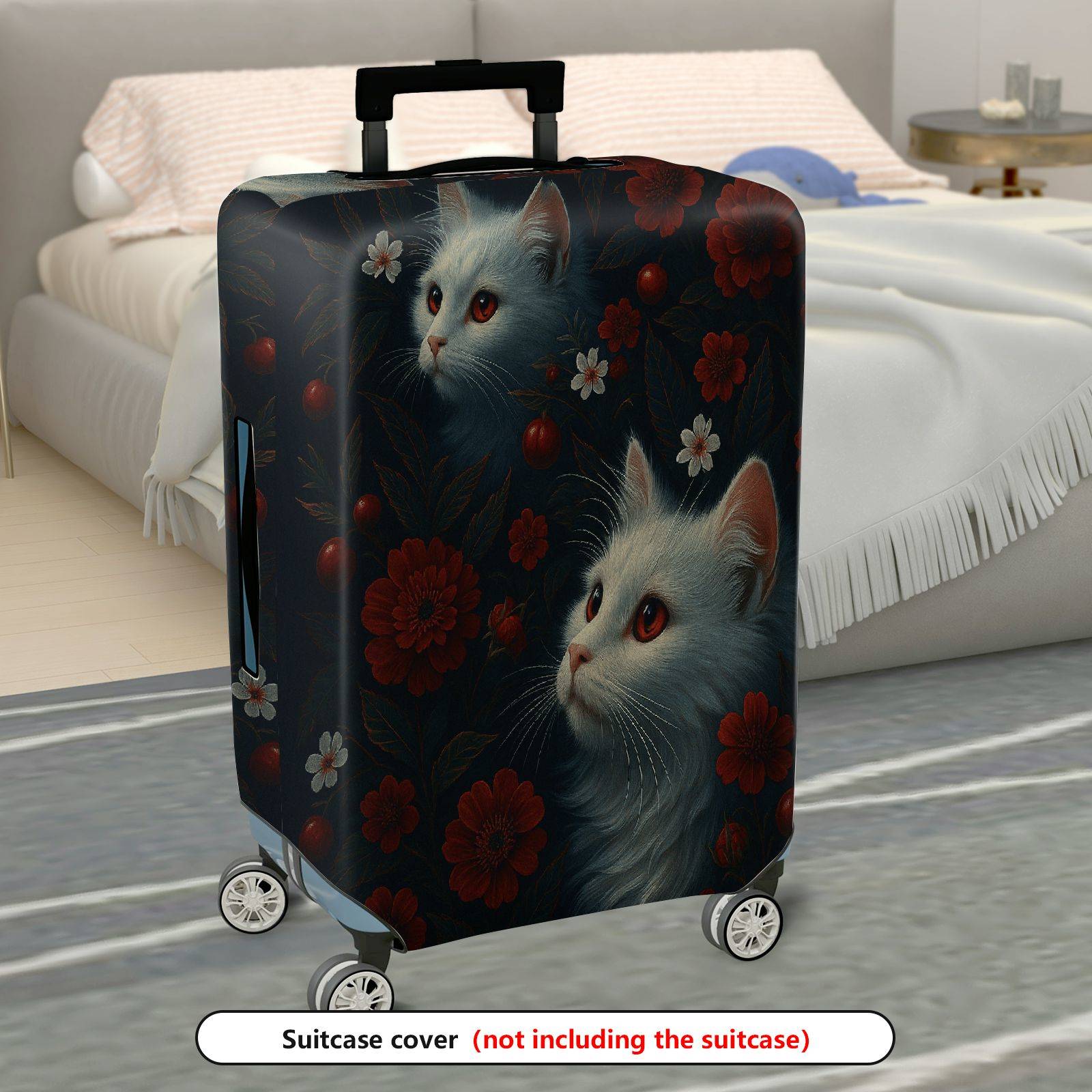 1-Piece Cat Floral Red Black White Nature Artistic Cute  Suitcase Luggage Cover, Stretch Protective Sleeve