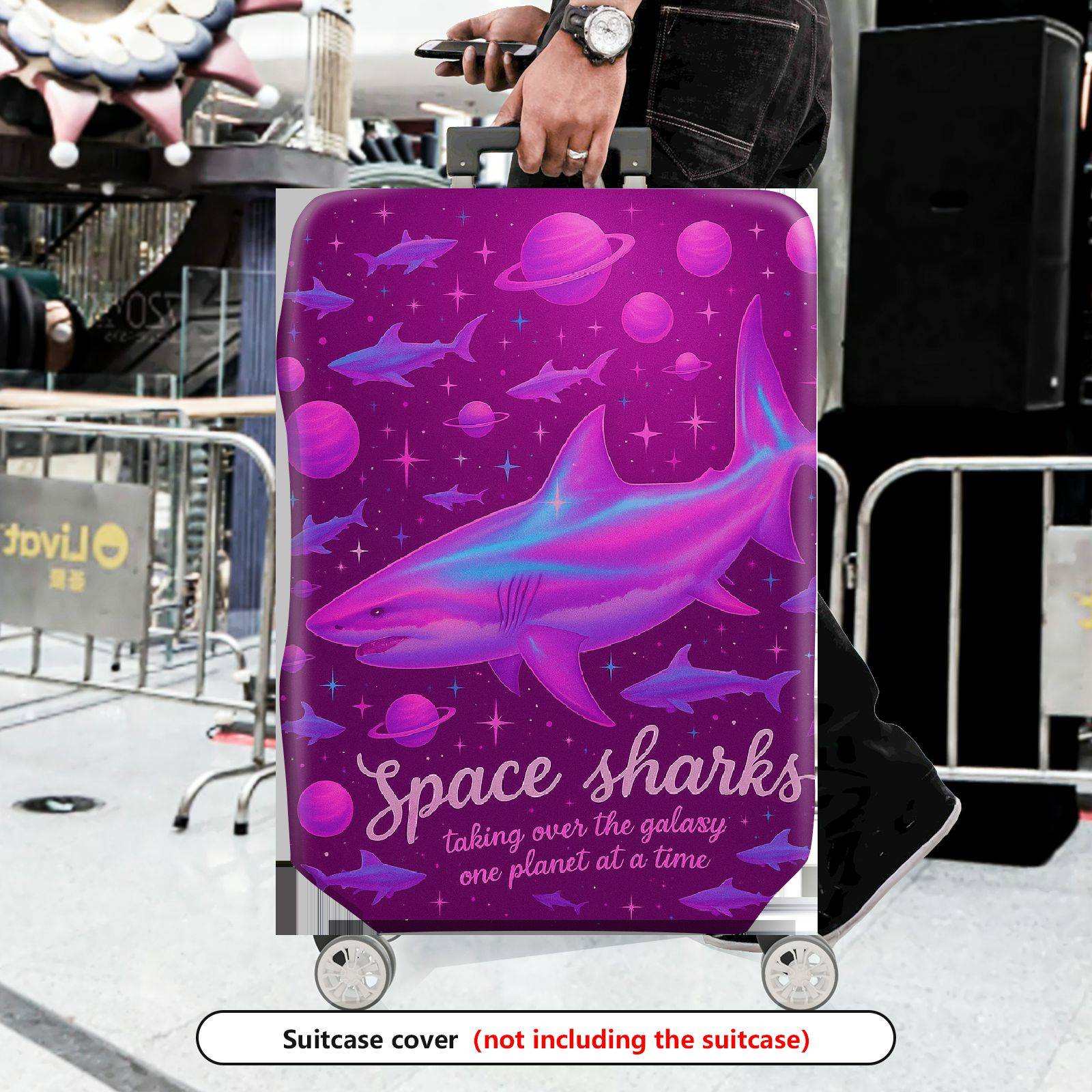 1-Piece Space Shark Galaxy Planet Purple Cosmic  Suitcase Luggage Cover, Stretch Protective Sleeve