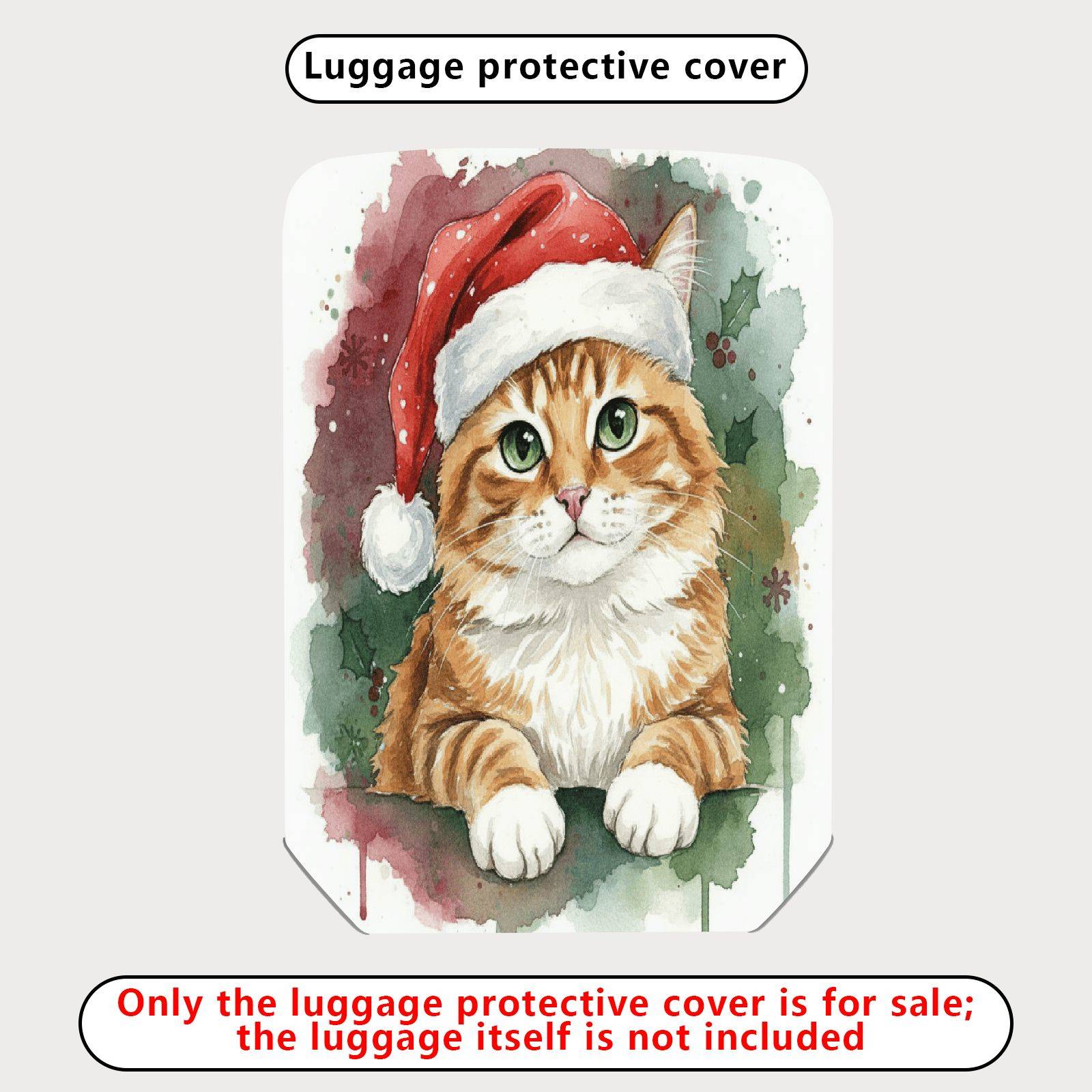 1-Piece Christmas Cat Santa Hat Watercolor Holiday  Suitcase Luggage Cover, Stretch Protective Sleeve