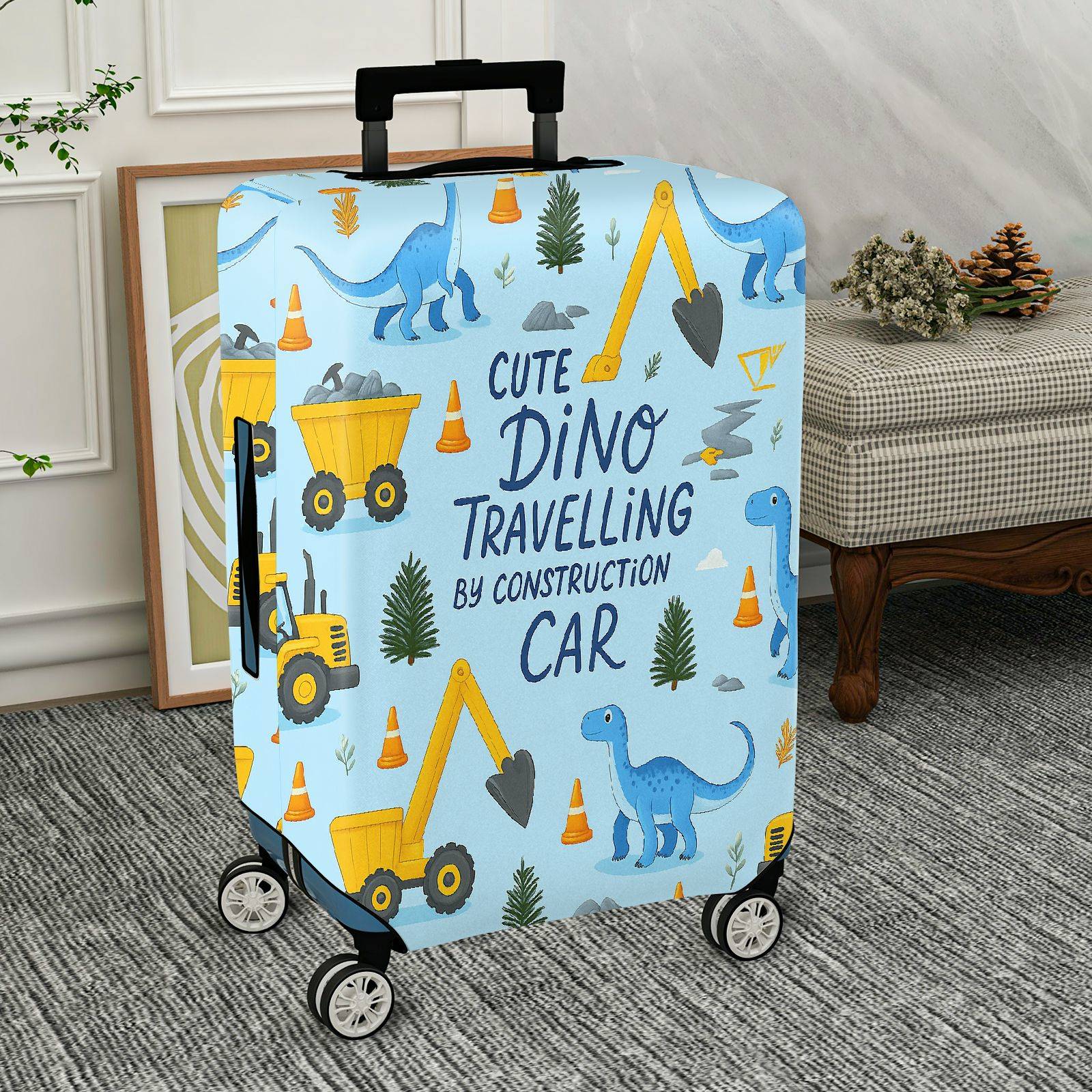 1-Piece Cute Dino Construction Car Travel Holiday Fun  Suitcase Luggage Cover, Stretch Protective Sleeve
