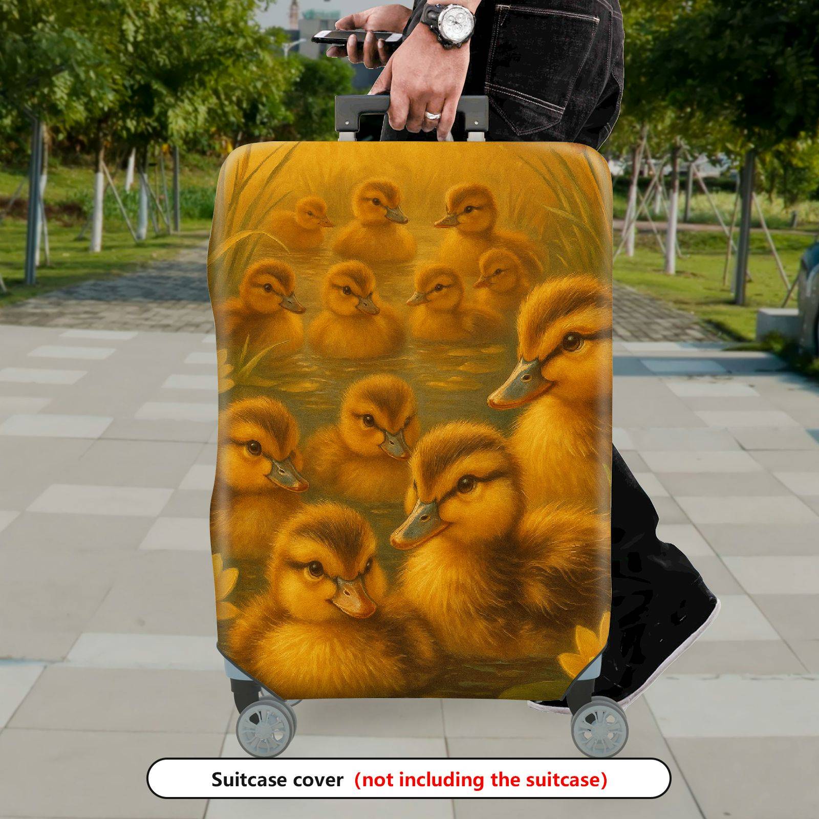 1-Piece Cute Duckling Pond Nature Floral Yellow  Suitcase Luggage Cover, Stretch Protective Sleeve