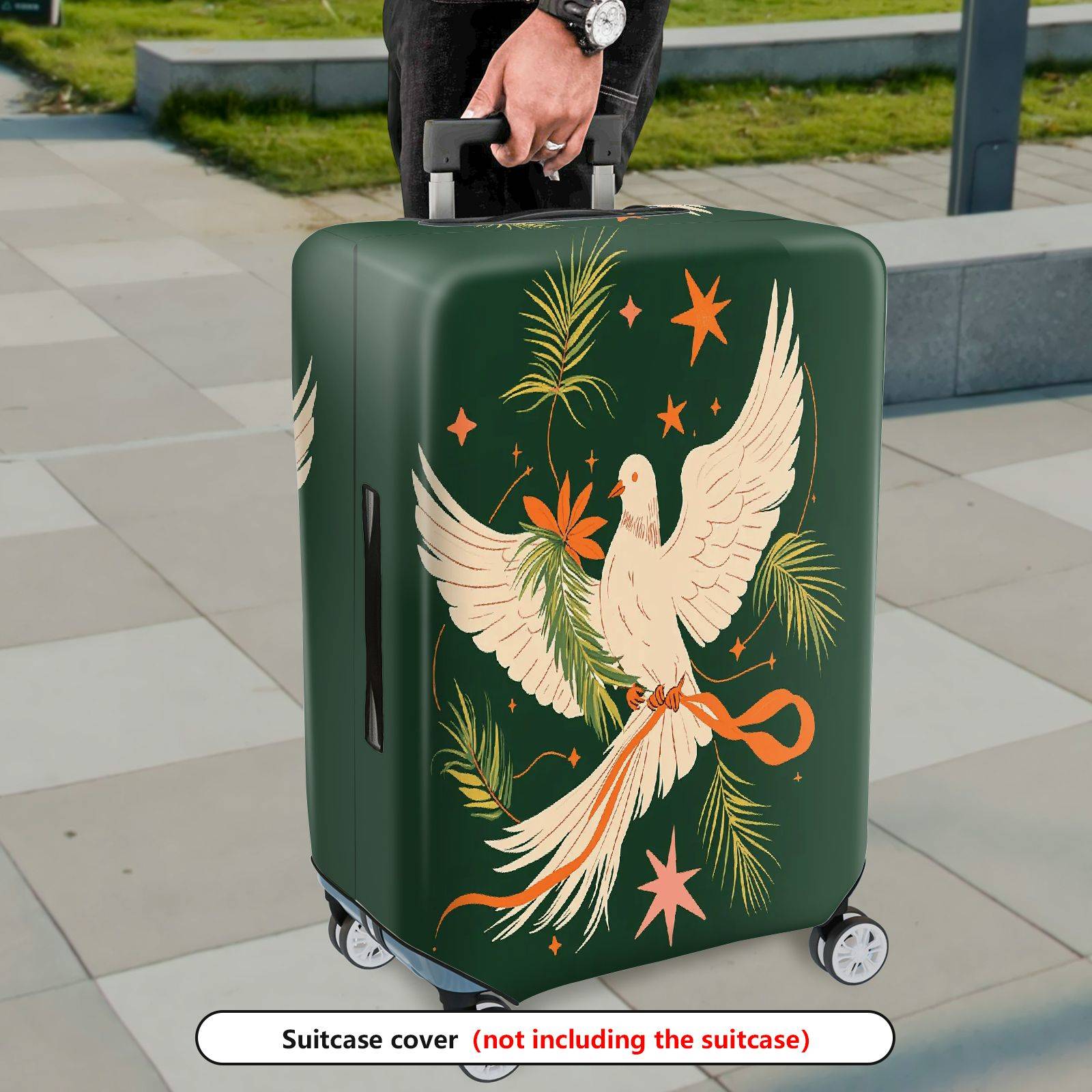 1-Piece Green Bird Star Floral Ribbon Leaf  Suitcase Luggage Cover, Stretch Protective Sleeve