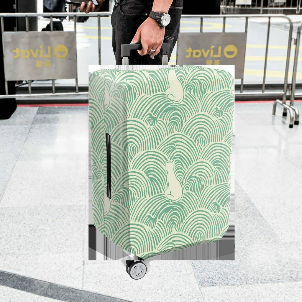 1-Piece Wave Cat Pattern Green Minimalist Artistic Cute Elegant  Suitcase Luggage Cover, Stretch Protective Sleeve