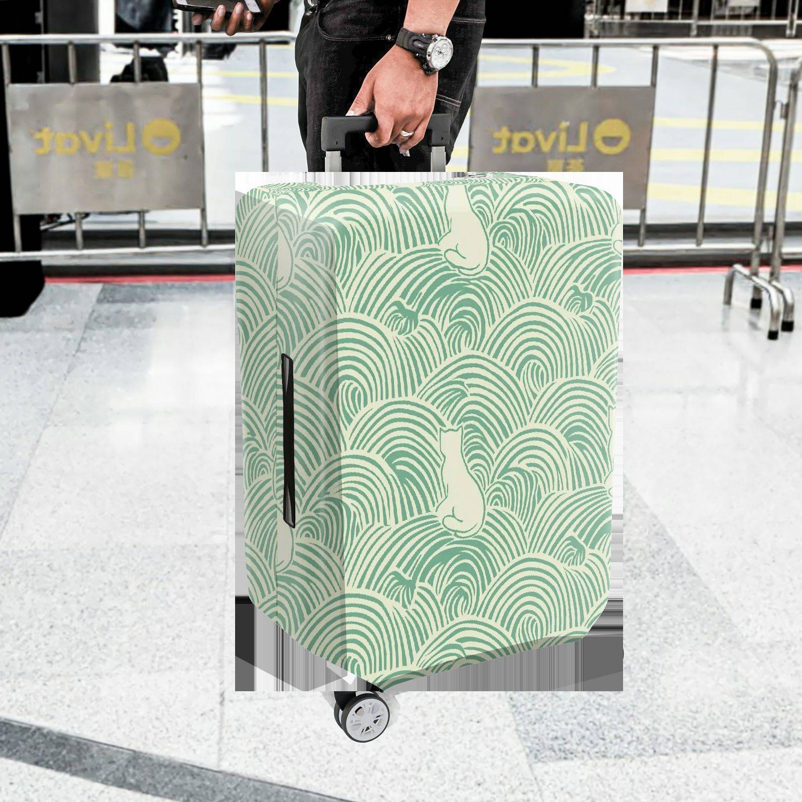 1-Piece Wave Cat Pattern Green Minimalist Artistic Cute Elegant  Suitcase Luggage Cover, Stretch Protective Sleeve