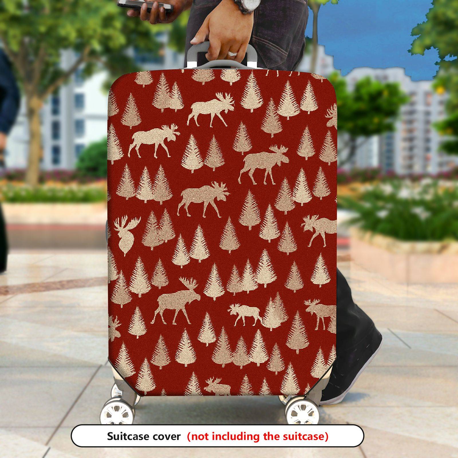 1-Piece Red Elk Christmas Holiday Forest Wildlife Vintage  Suitcase Luggage Cover, Stretch Protective Sleeve