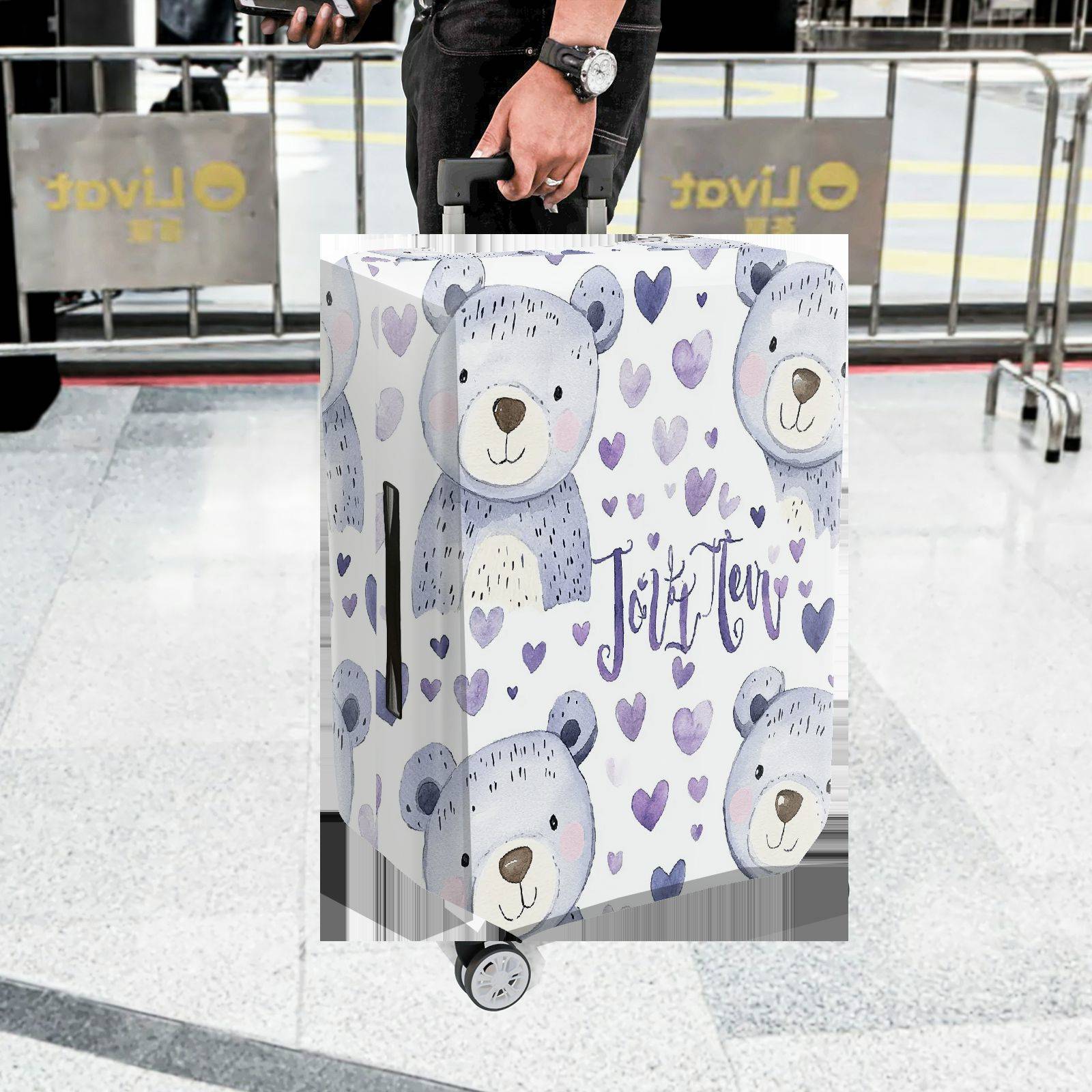 1-Piece Cute Bear Purple Heart  Travel  Suitcase Luggage Cover, Stretch Protective Sleeve