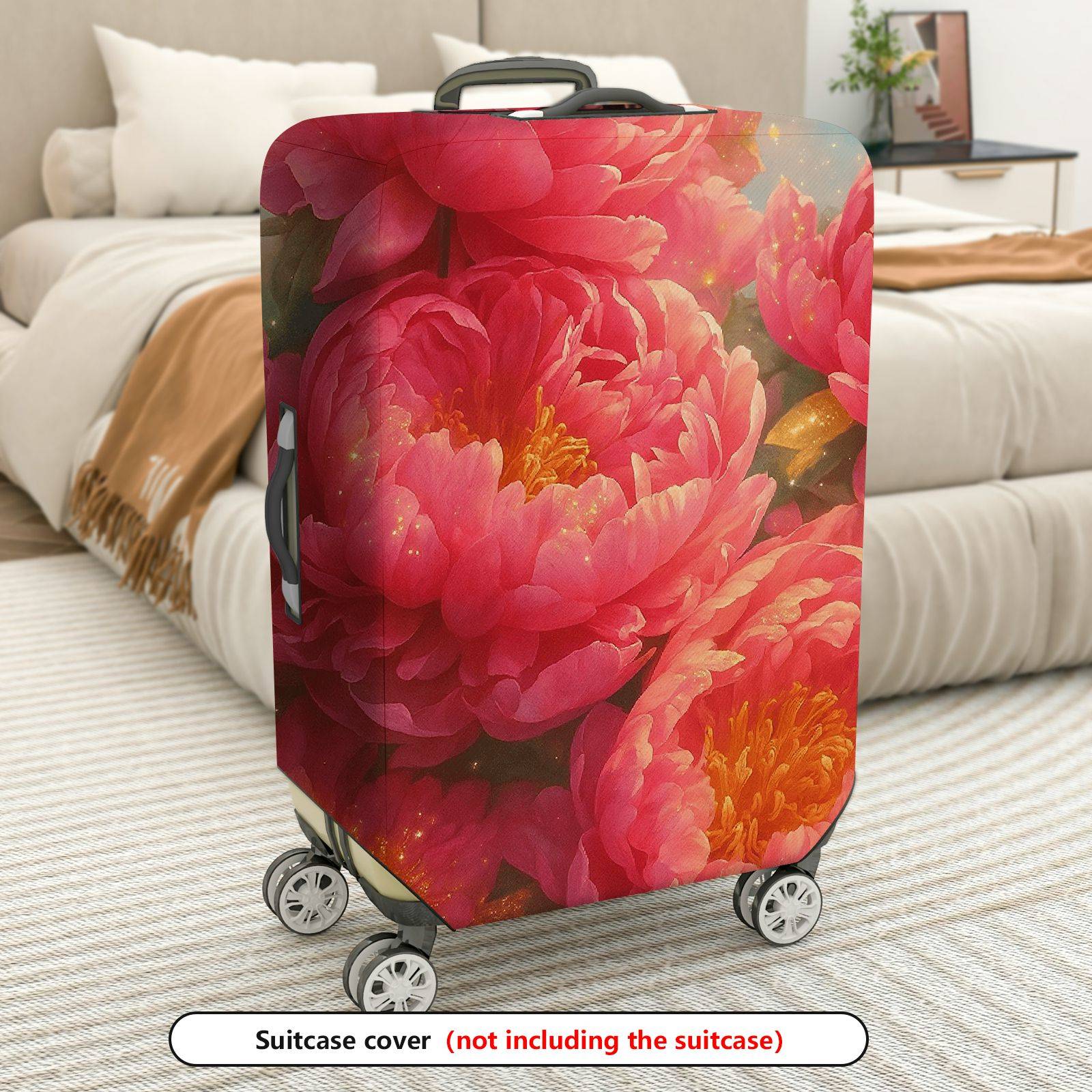 1-Piece Floral Peony Pink Sparkle Artistic Nature  Suitcase Luggage Cover, Stretch Protective Sleeve