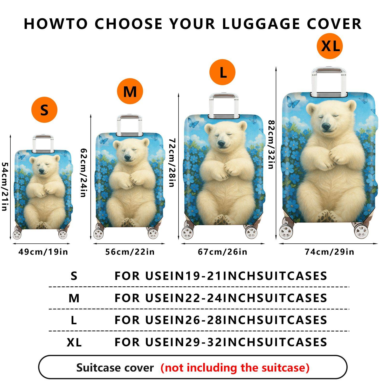 1-Piece Cute Bear Floral Blue Sky Butterfly  Suitcase Luggage Cover, Stretch Protective Sleeve