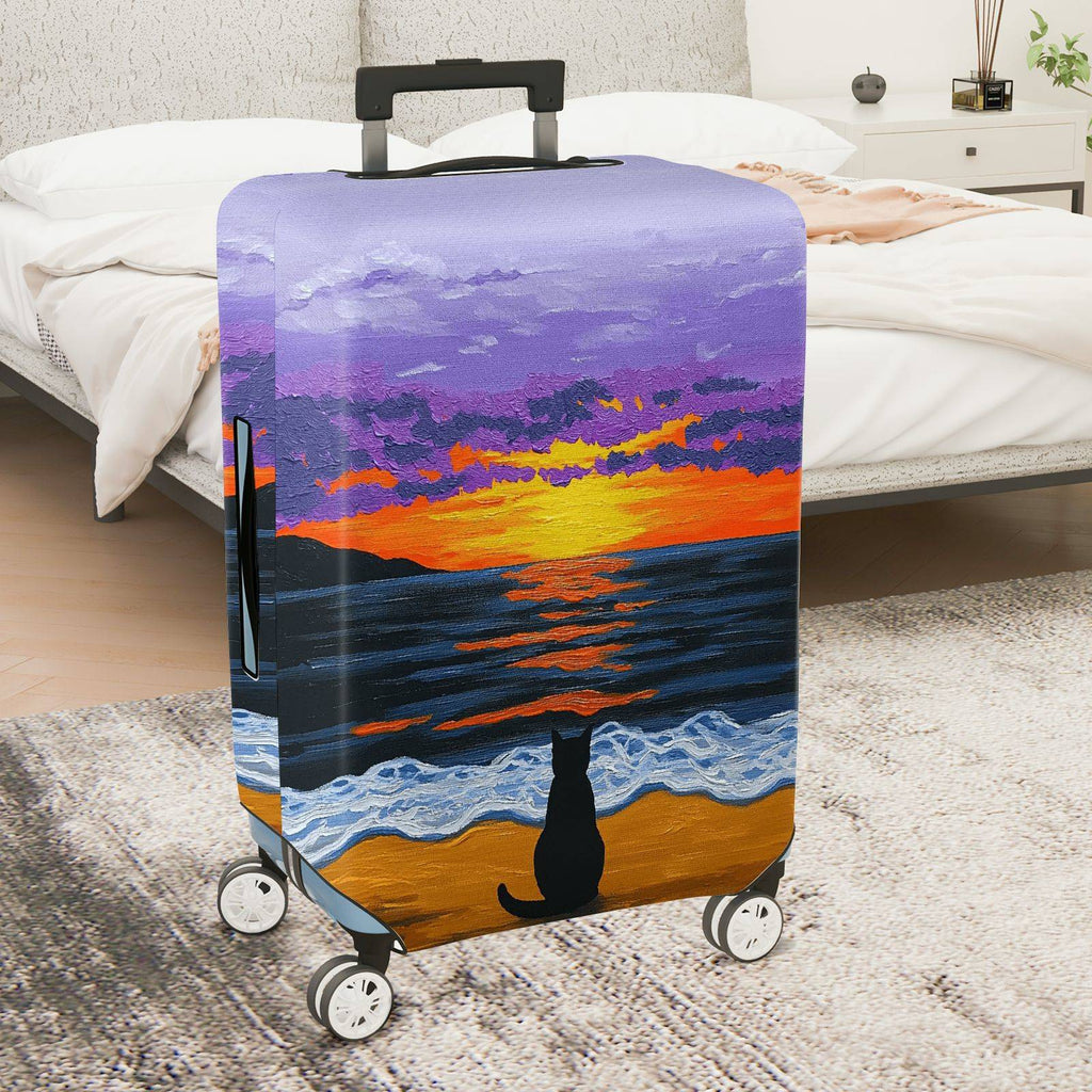 1-Piece Sunset Ocean Cat Beach Evening Landscape  Suitcase Luggage Cover, Stretch Protective Sleeve