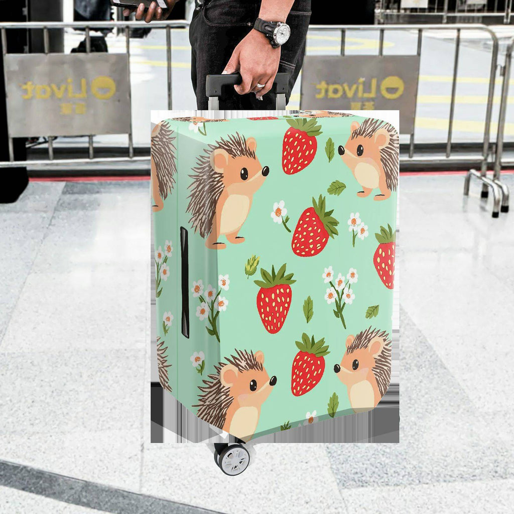 1-Piece Hedgehog Strawberry Floral Green Cute Pattern  Suitcase Luggage Cover, Stretch Protective Sleeve