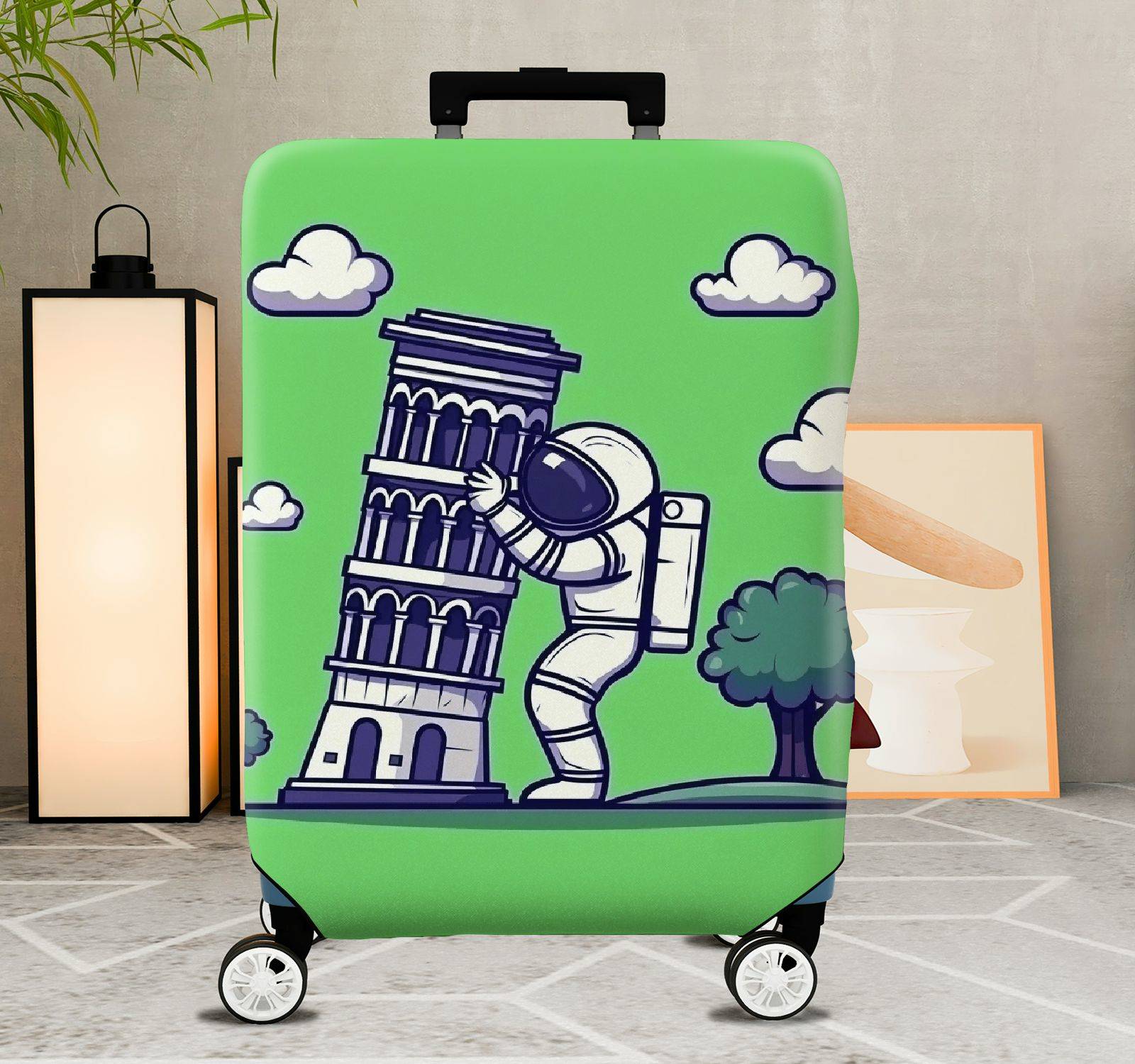 1-Piece Astronaut Pisa Tower Clouds Trees Green  Suitcase Luggage Cover, Stretch Protective Sleeve