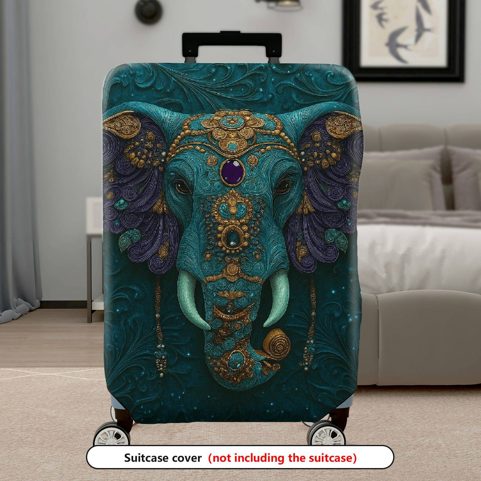 1-Piece Artistic Elephant Intricate Teal Gold Gem Animal  Suitcase Luggage Cover, Stretch Protective Sleeve