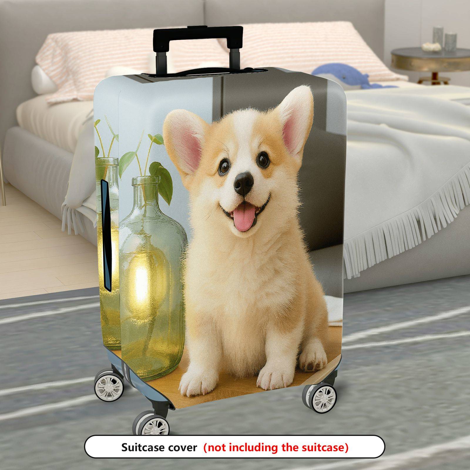 1-Piece Cute Corgi Puppy Dog Animal Happy Pet  Suitcase Luggage Cover, Stretch Protective Sleeve