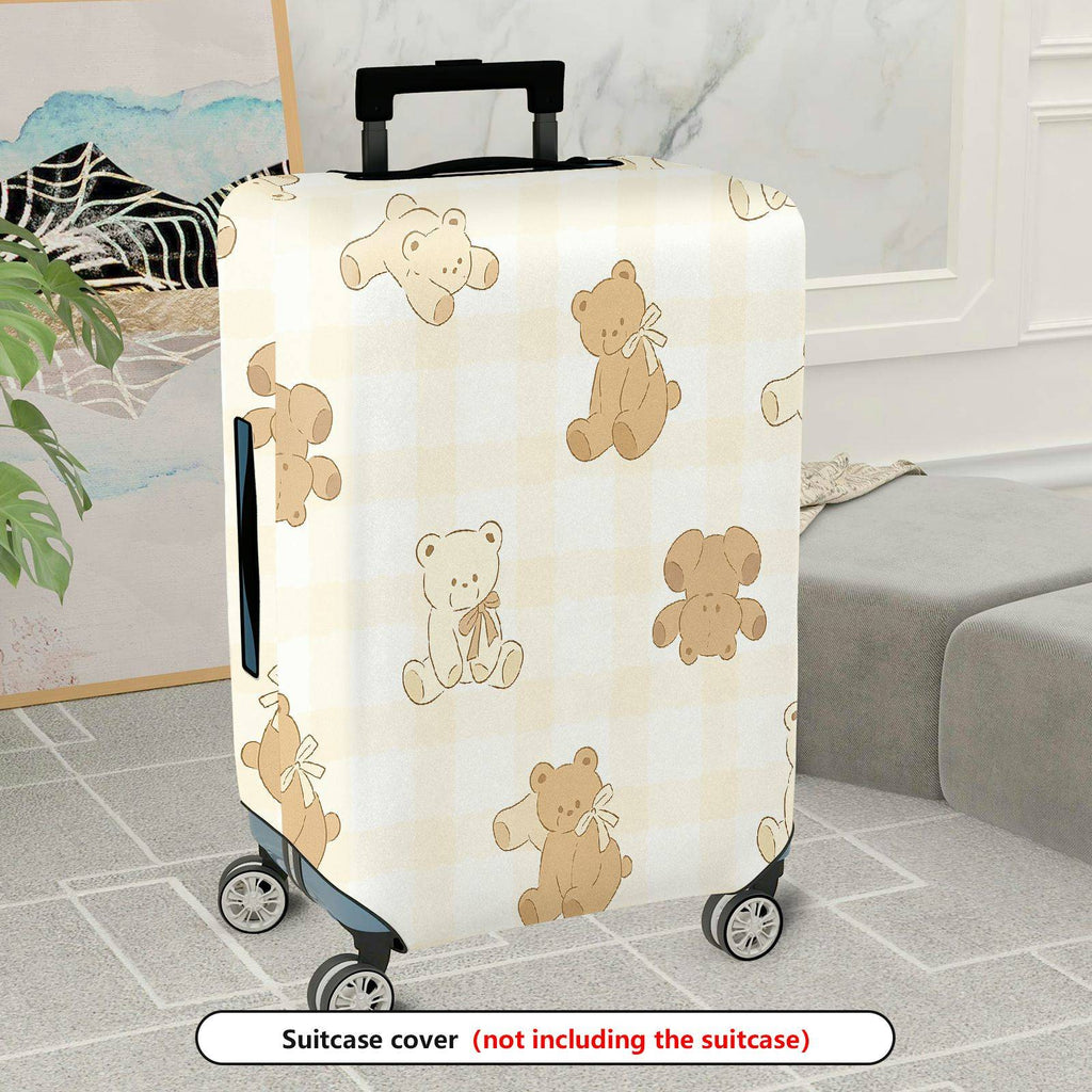 1-Piece Cute Bear Plaid Beige Soft Travel Holiday  Suitcase Luggage Cover, Stretch Protective Sleeve
