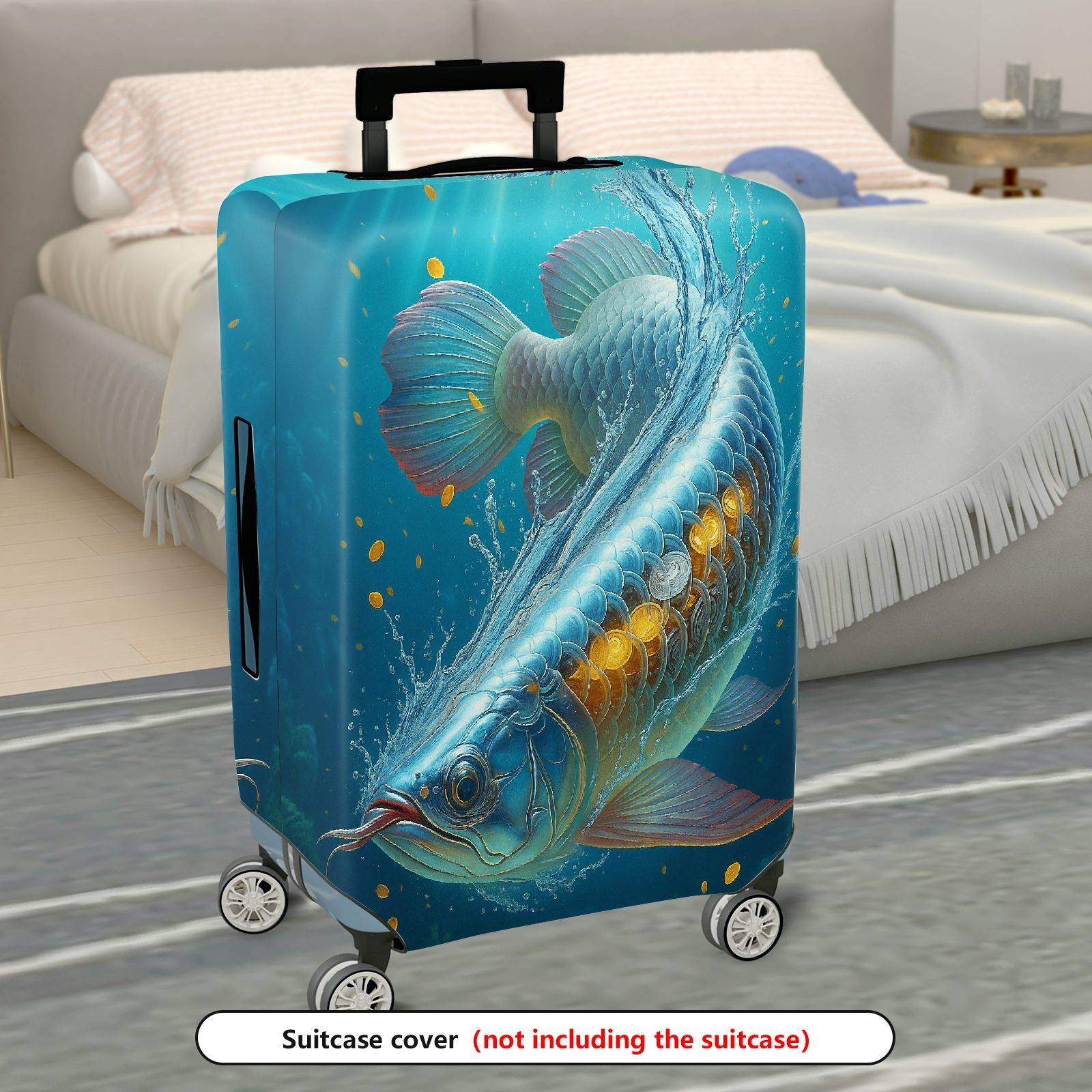 1-Piece Blue Fish Water Gold Ocean Artistic  Suitcase Luggage Cover, Stretch Protective Sleeve