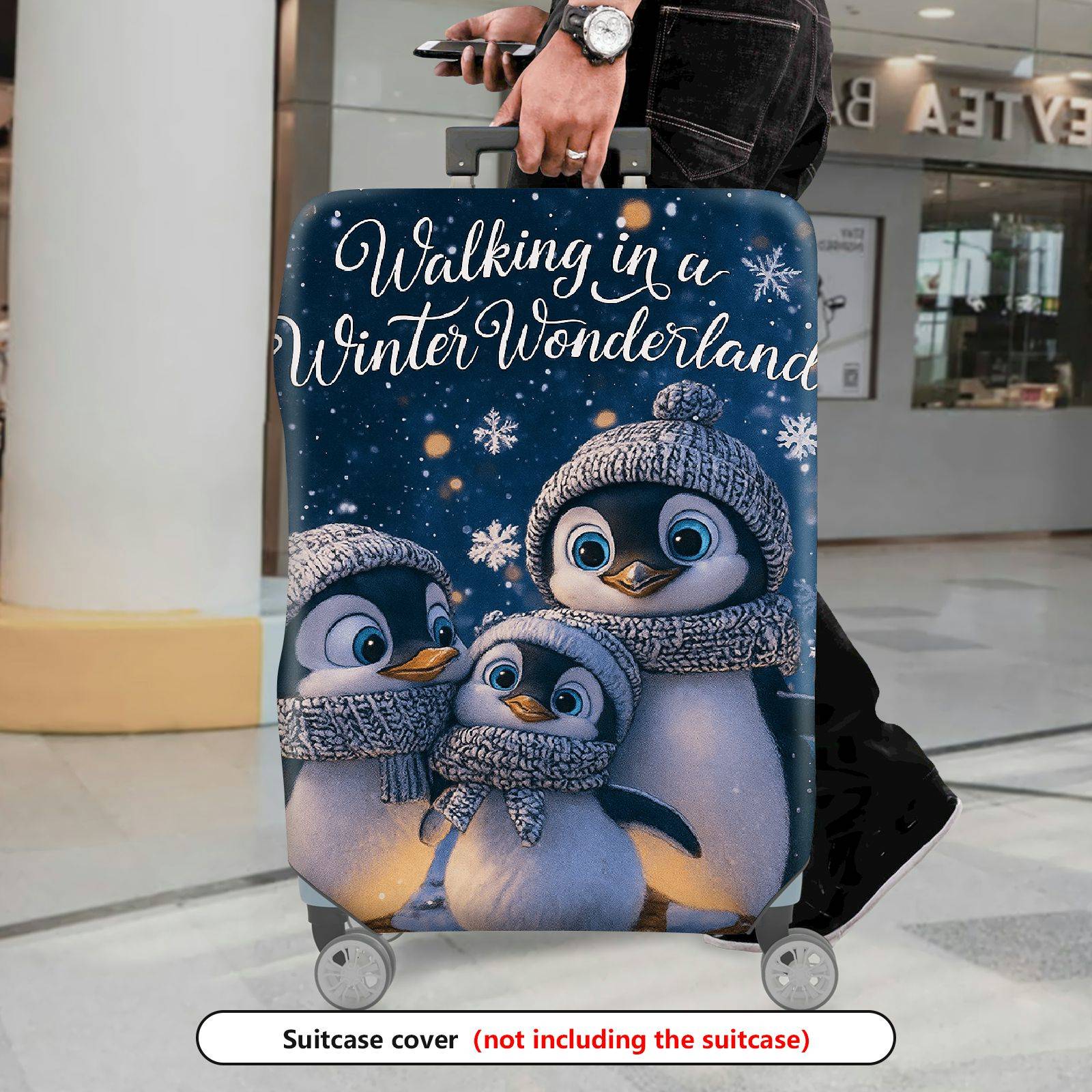1-Piece Winter Wonderland Penguin Snowflake Blue Cute  Suitcase Luggage Cover, Stretch Protective Sleeve