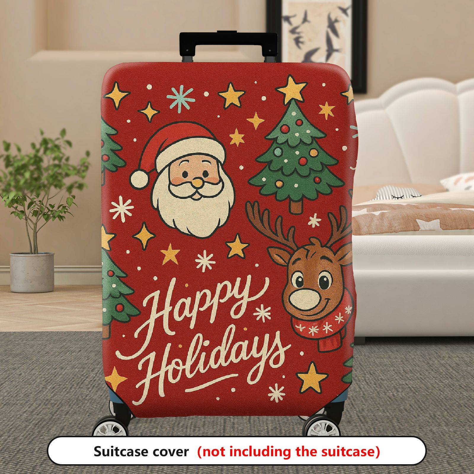 1-Piece Christmas Santa Reindeer Tree Stars Holidays  Suitcase Luggage Cover, Stretch Protective Sleeve
