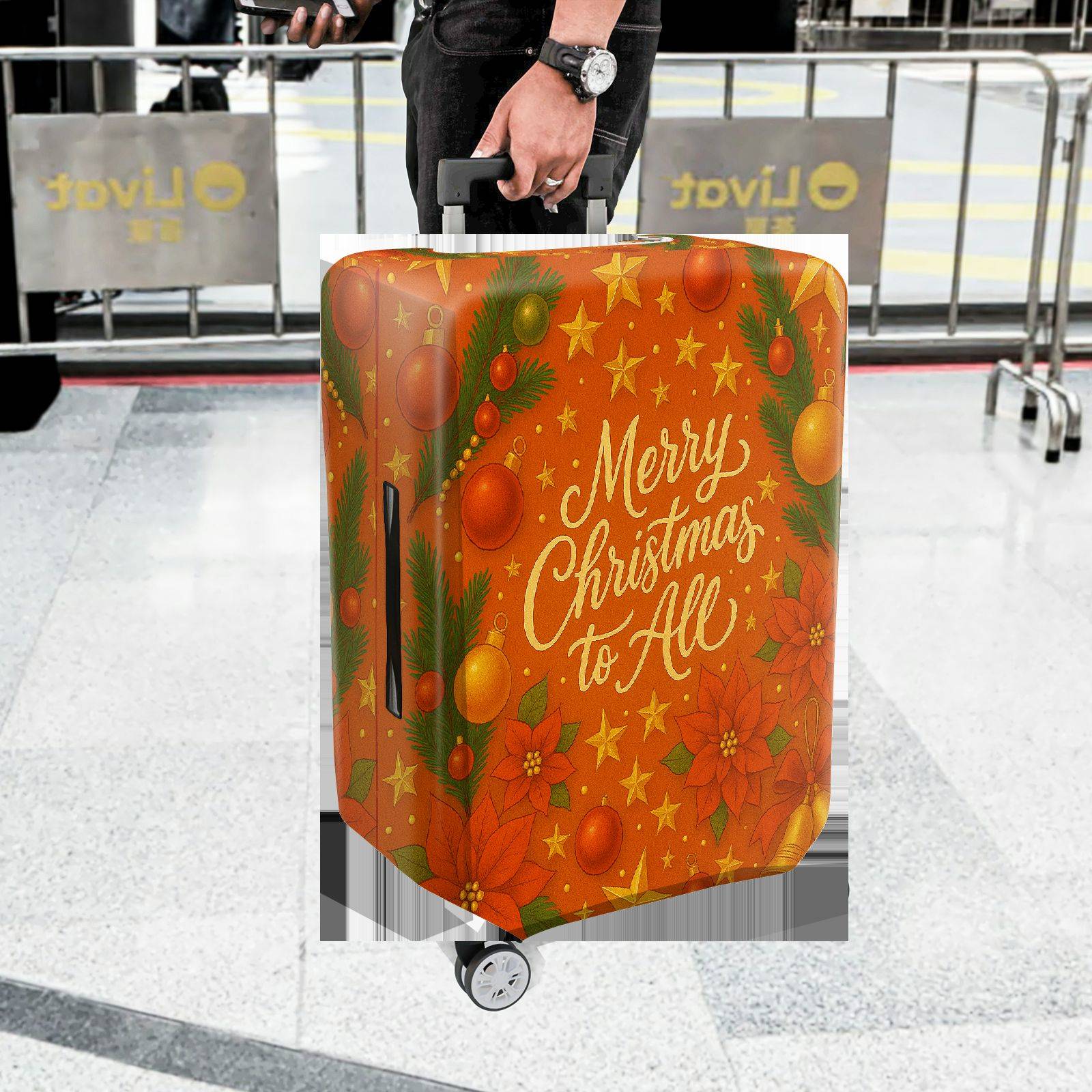 1-Piece Merry Christmas Poinsettia Orange Holiday Winter  Suitcase Luggage Cover, Stretch Protective Sleeve