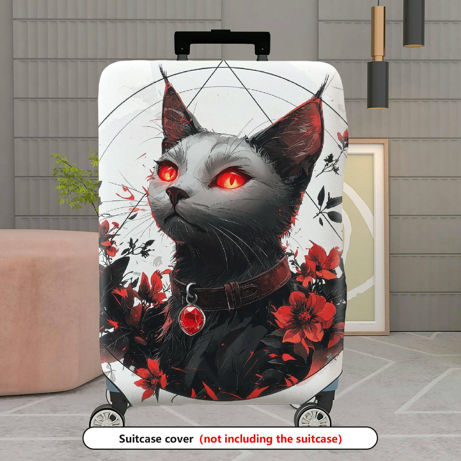 1-Piece Black Cat Red Eyes Floral Gothic Art  Suitcase Luggage Cover, Stretch Protective Sleeve