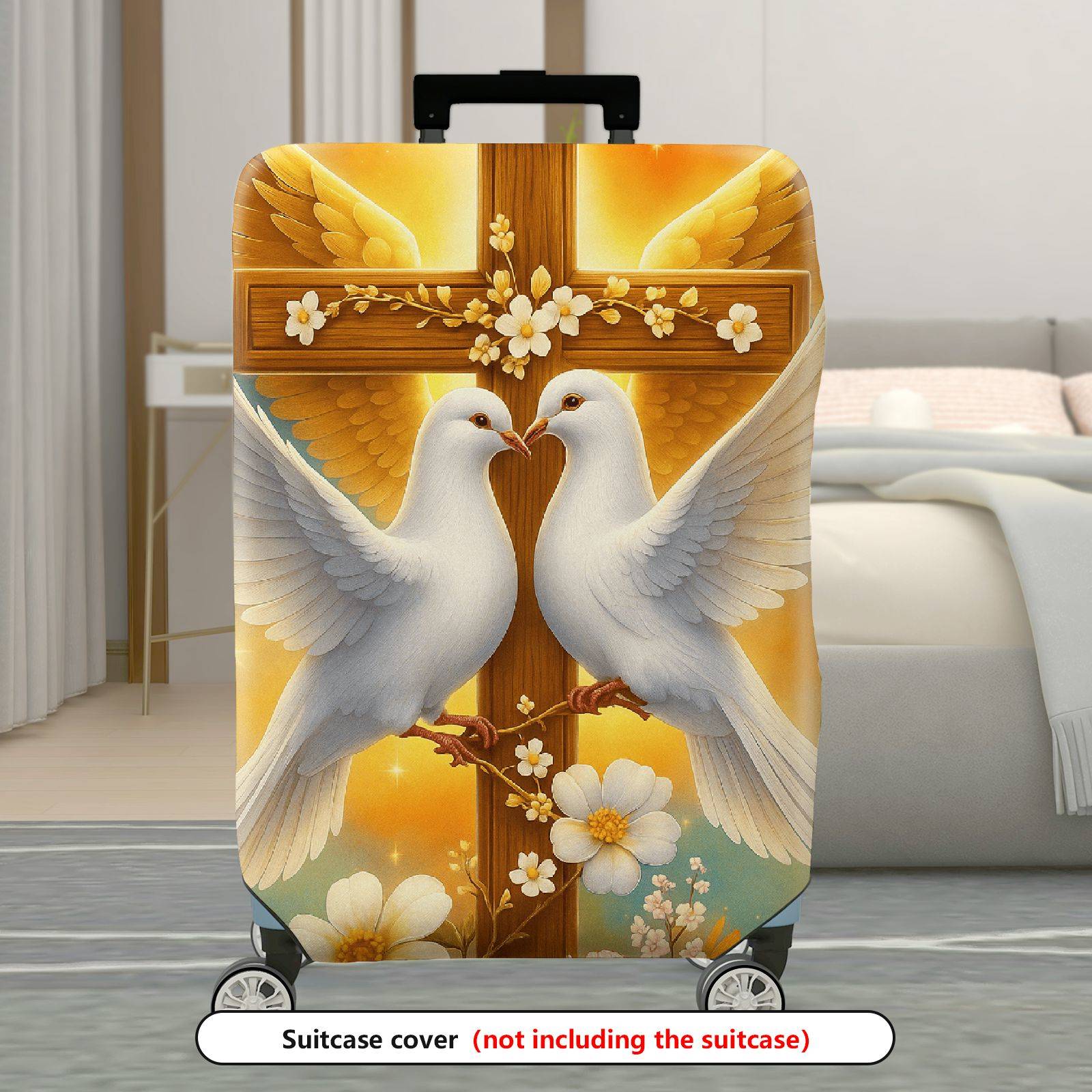 1-Piece Dove Cross Floral Religious Spiritual Peace  Suitcase Luggage Cover, Stretch Protective Sleeve