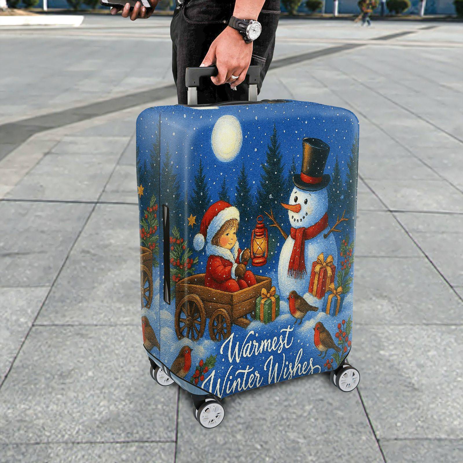 1-Piece Christmas Santa Snowman Gift Lantern Holiday  Suitcase Luggage Cover, Stretch Protective Sleeve