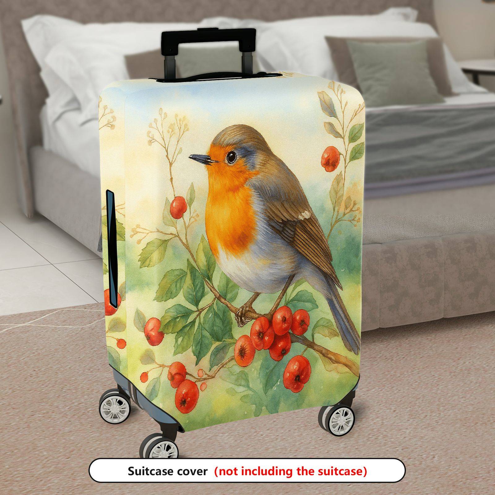 1-Piece Bird Berry Leaf Art Nature Landscape Watercolor  Suitcase Luggage Cover, Stretch Protective Sleeve