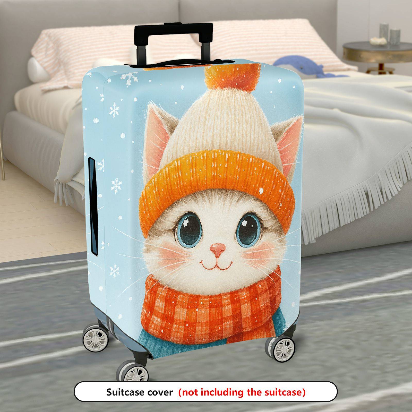 1-Piece Cute  Cat Winter Holiday Snow Fluffy Adorable  Suitcase Luggage Cover, Stretch Protective Sleeve