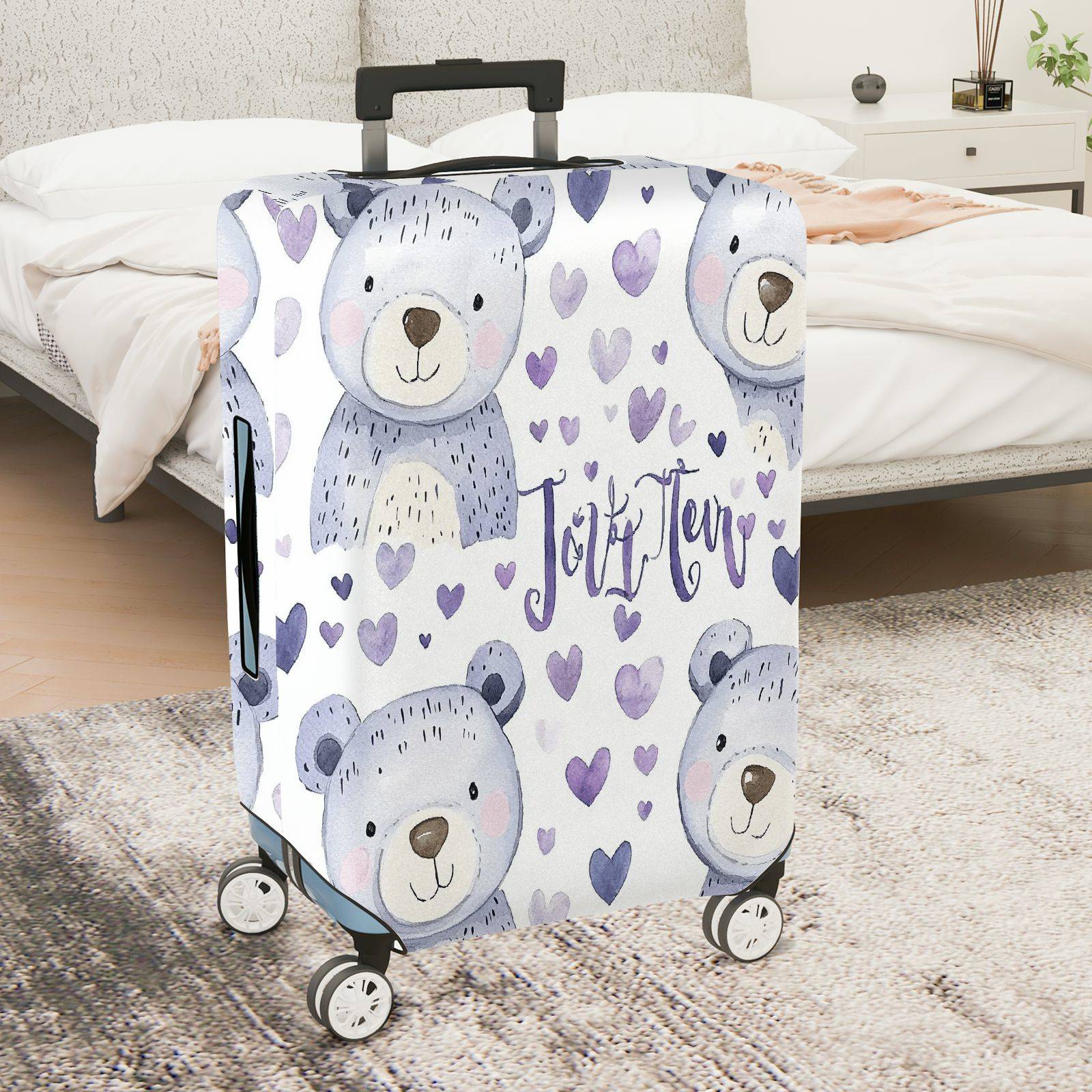 1-Piece Cute Bear Purple Heart  Travel  Suitcase Luggage Cover, Stretch Protective Sleeve