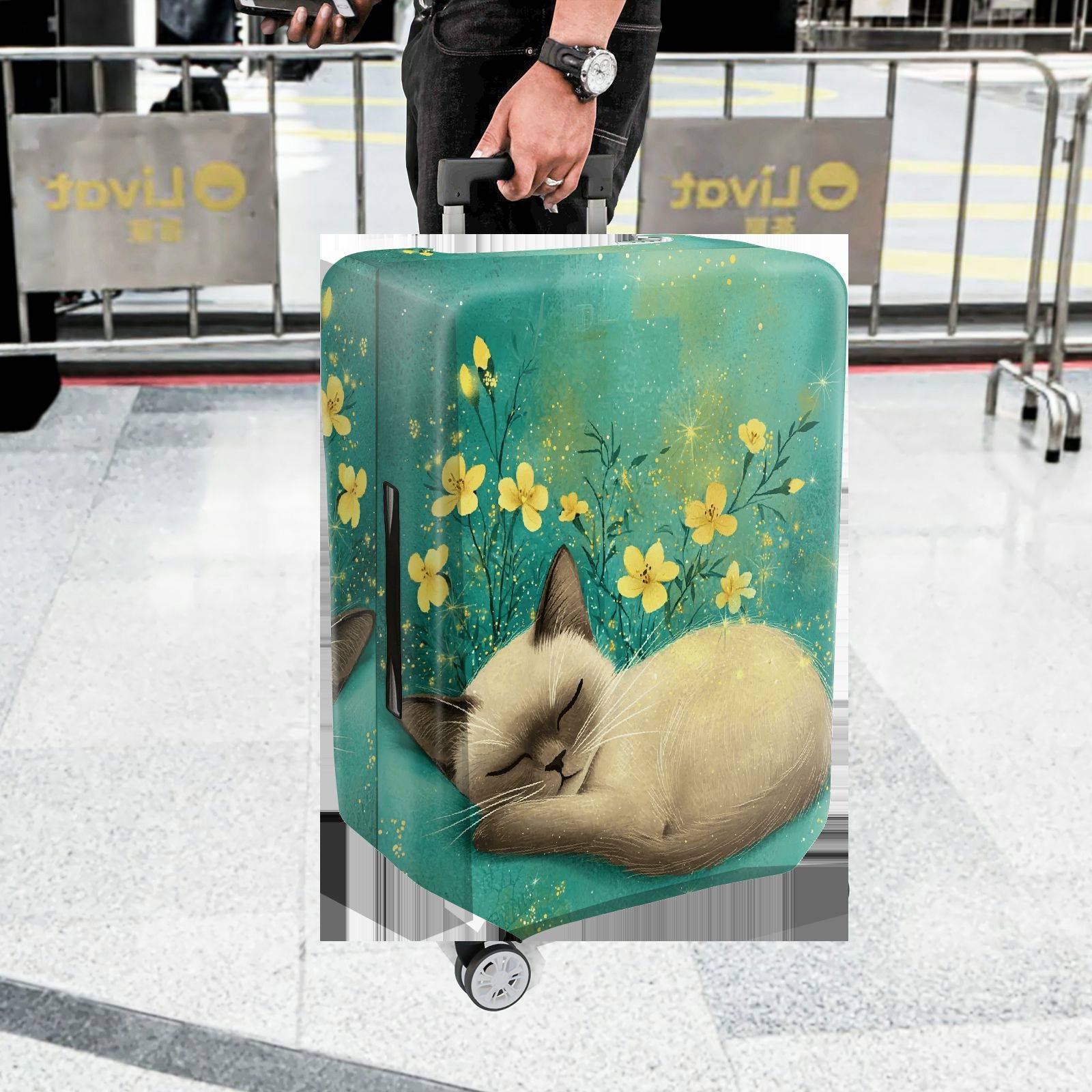 1-Piece Cute Floral Sleeping Cat Nature Artful  Suitcase Luggage Cover, Stretch Protective Sleeve