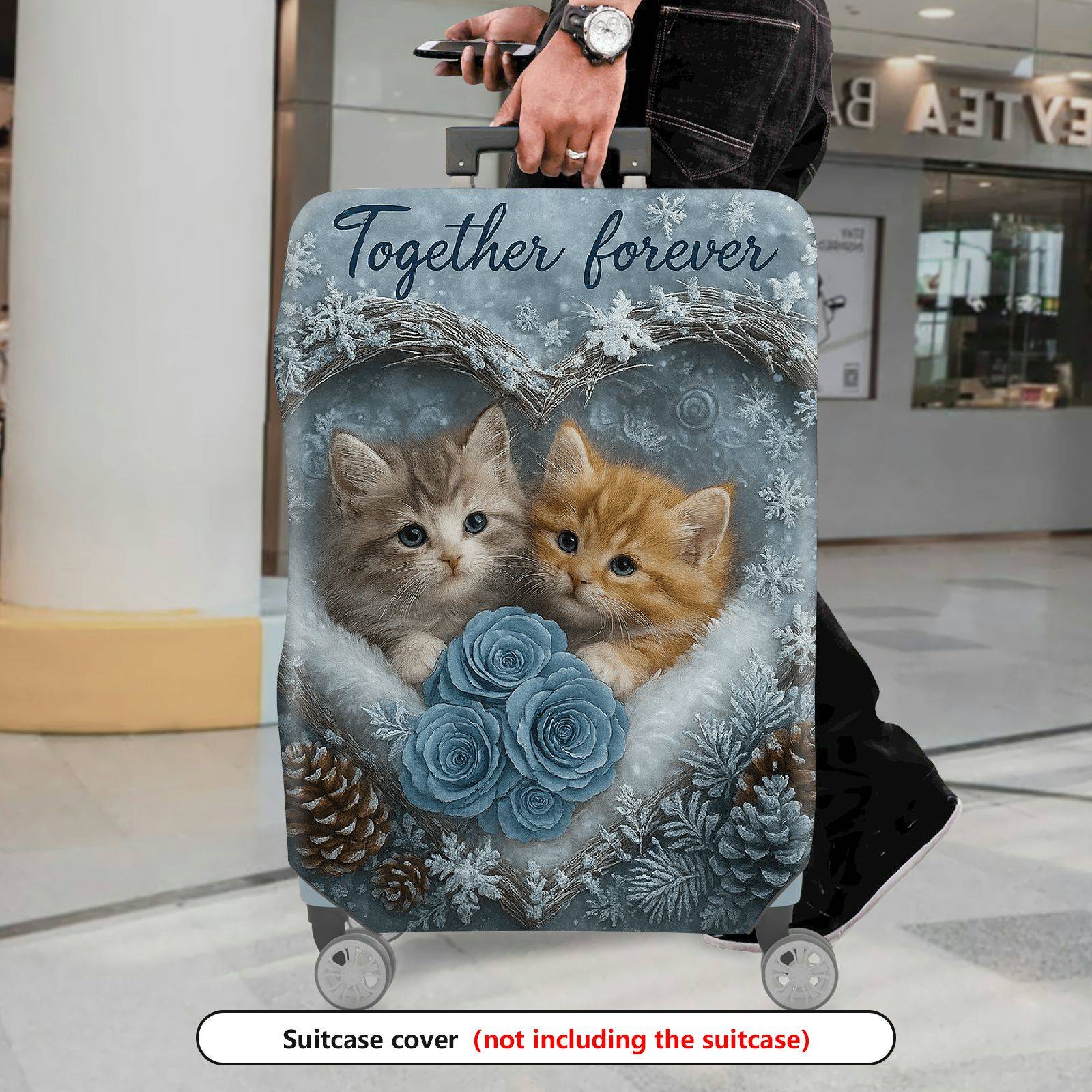 1-Piece Cute Winter Cat Heart Snowflake Rose  Suitcase Luggage Cover, Stretch Protective Sleeve