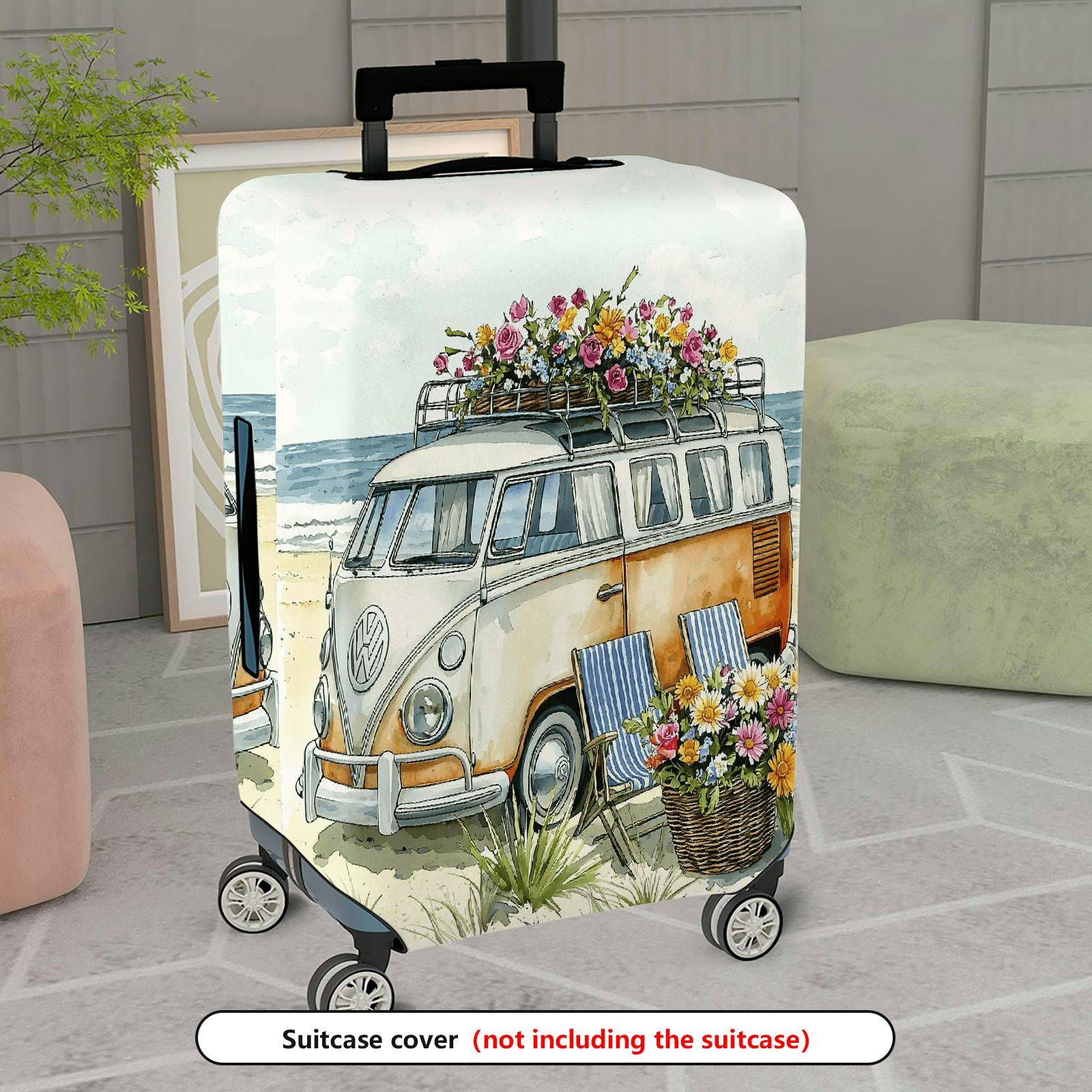 1-Piece Floral Beach Van Retro Nature Colorful  Suitcase Luggage Cover, Stretch Protective Sleeve