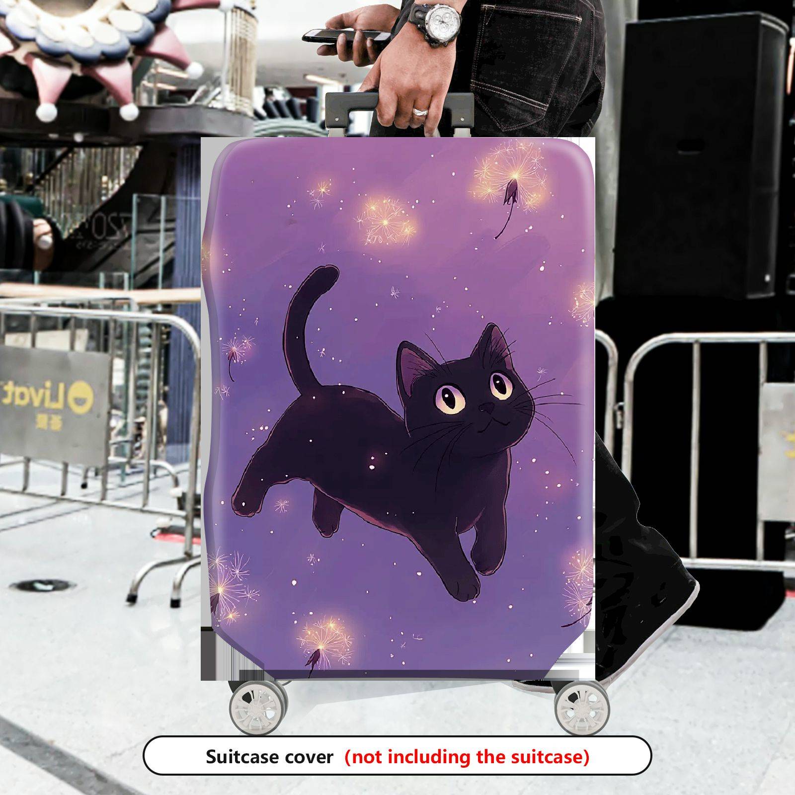 1-Piece Black Cat Dandelion Purple Cute Stylish Fun  Suitcase Luggage Cover, Stretch Protective Sleeve