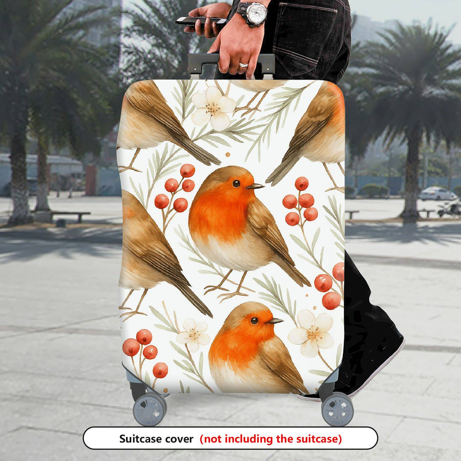 1-Piece Robin Bird Floral Berry Nature Christmas  Suitcase Luggage Cover, Stretch Protective Sleeve