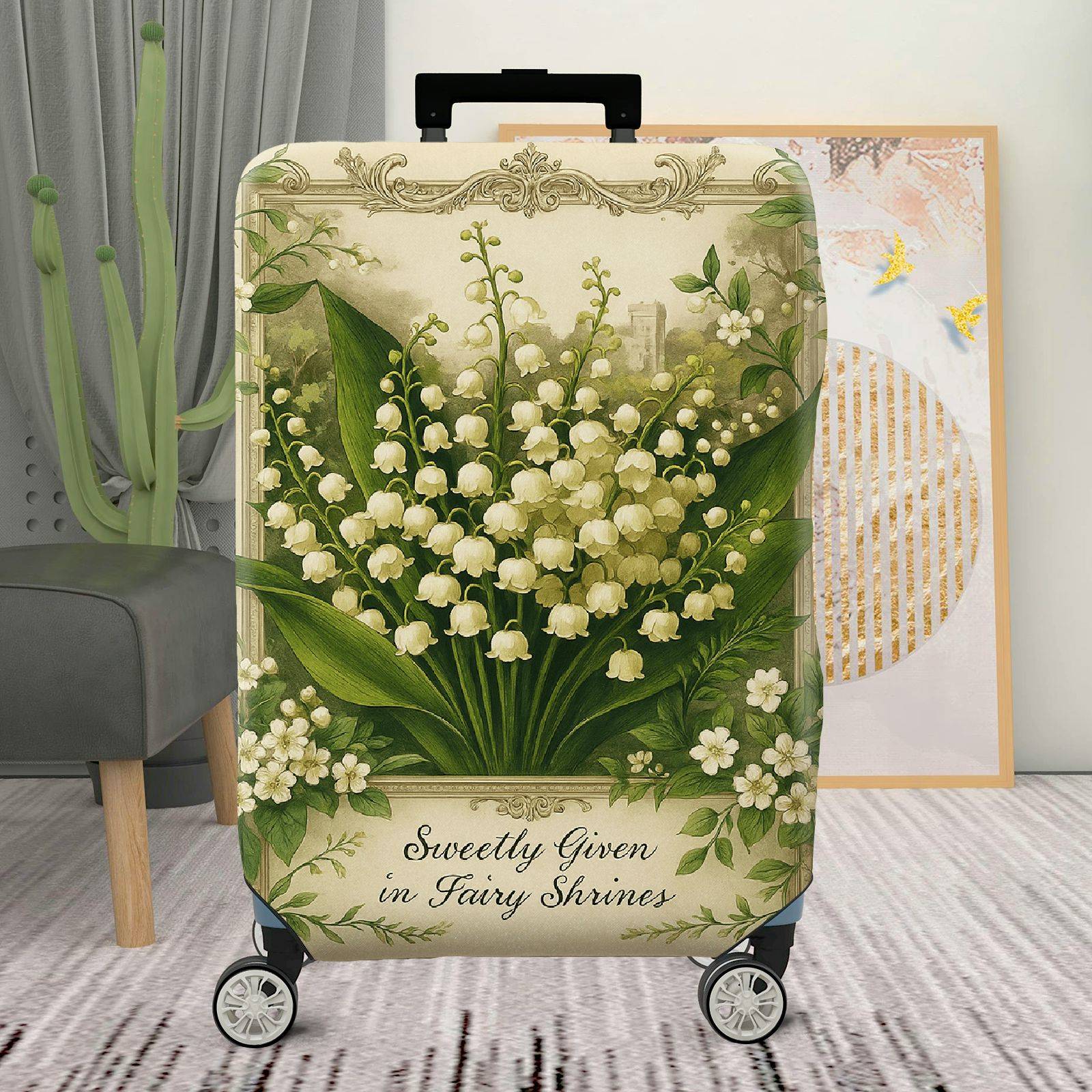 1-Piece Elegant Floral Lily Green Art Vintage  Suitcase Luggage Cover, Stretch Protective Sleeve