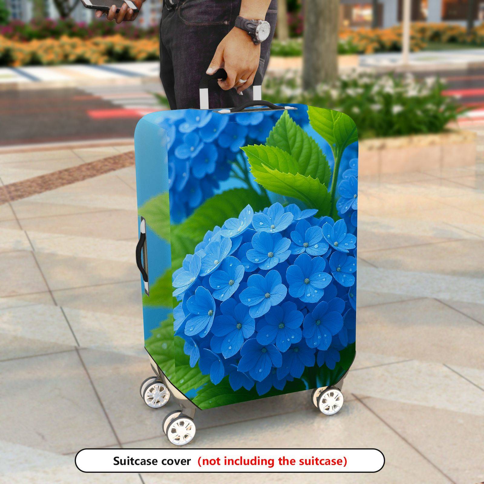 1-Piece Blue Floral Green Leaf Nature Hydrangea Elegant  Suitcase Luggage Cover, Stretch Protective Sleeve