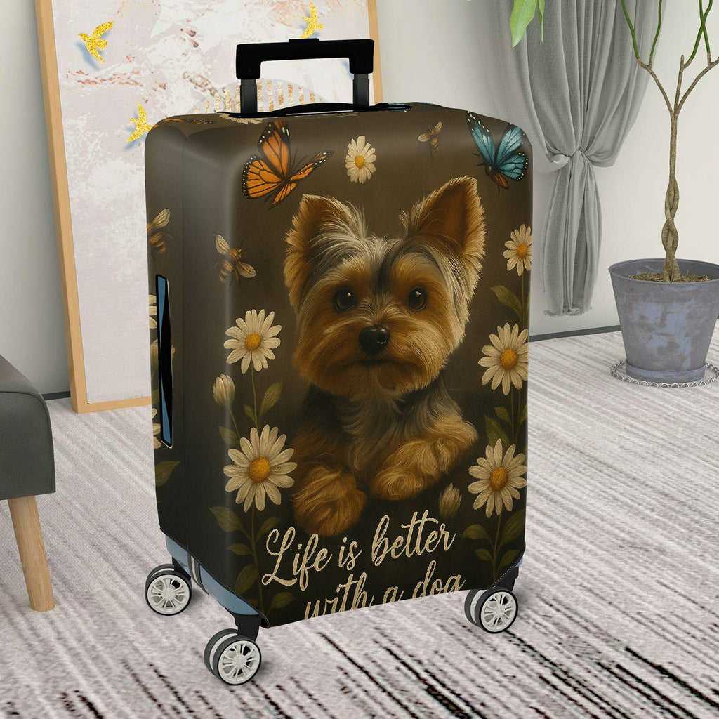1-Piece Floral Butterfly Dog Yorkshire Daisy  Suitcase Luggage Cover, Stretch Protective Sleeve