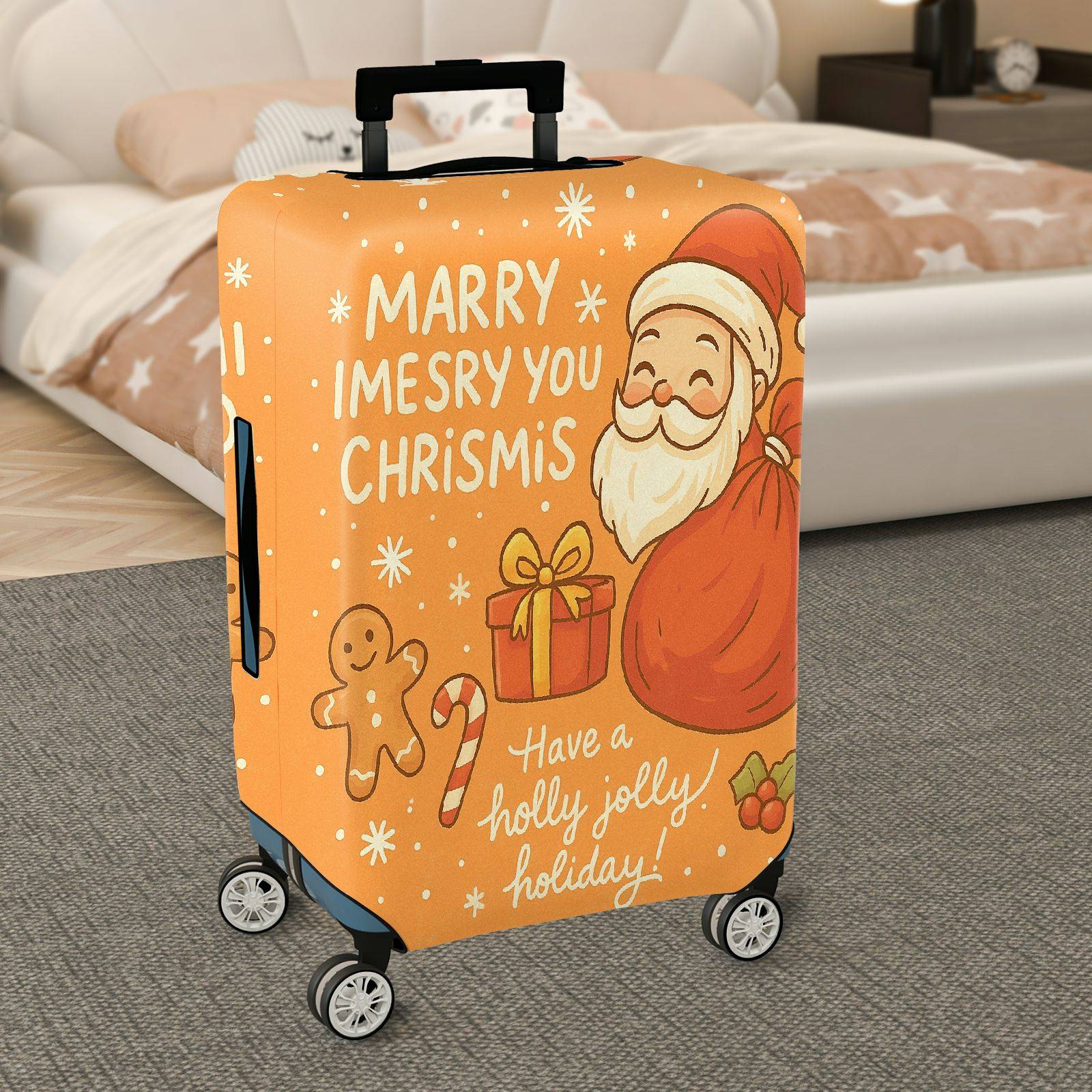 1-Piece Christmas Santa Claus Gingerbread Gift Joyful Holiday  Suitcase Luggage Cover, Stretch Protective Sleeve