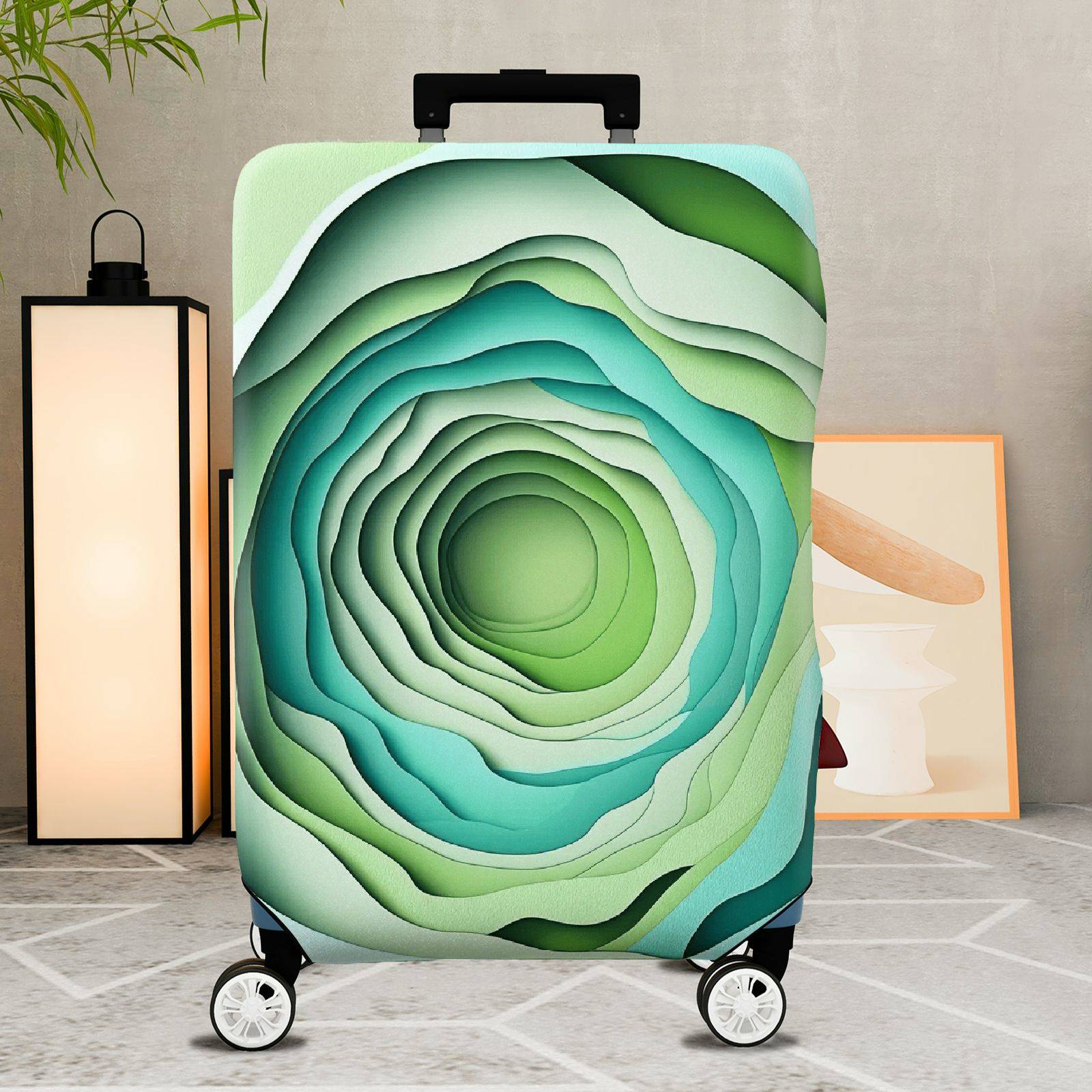 1-Piece Abstract Layered Pattern Green Blue Artistic  Suitcase Luggage Cover, Stretch Protective Sleeve