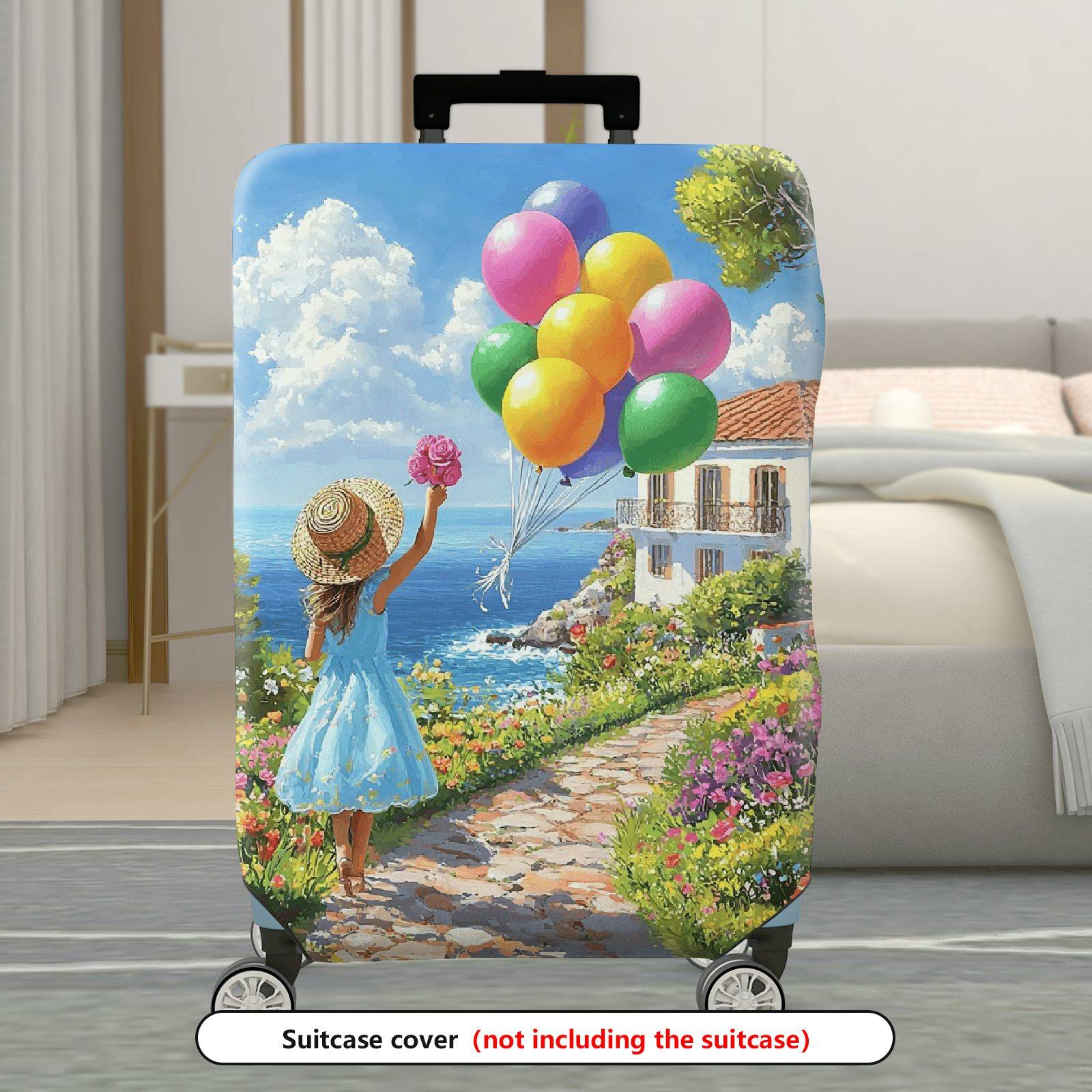 1-Piece Scenic Floral Balloon Girl Path Seaside  Suitcase Luggage Cover, Stretch Protective Sleeve