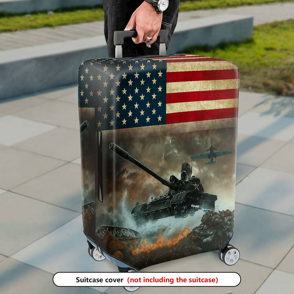 1-Piece American Flag Tank War Airplane Battlefield Fire  Suitcase Luggage Cover, Stretch Protective Sleeve