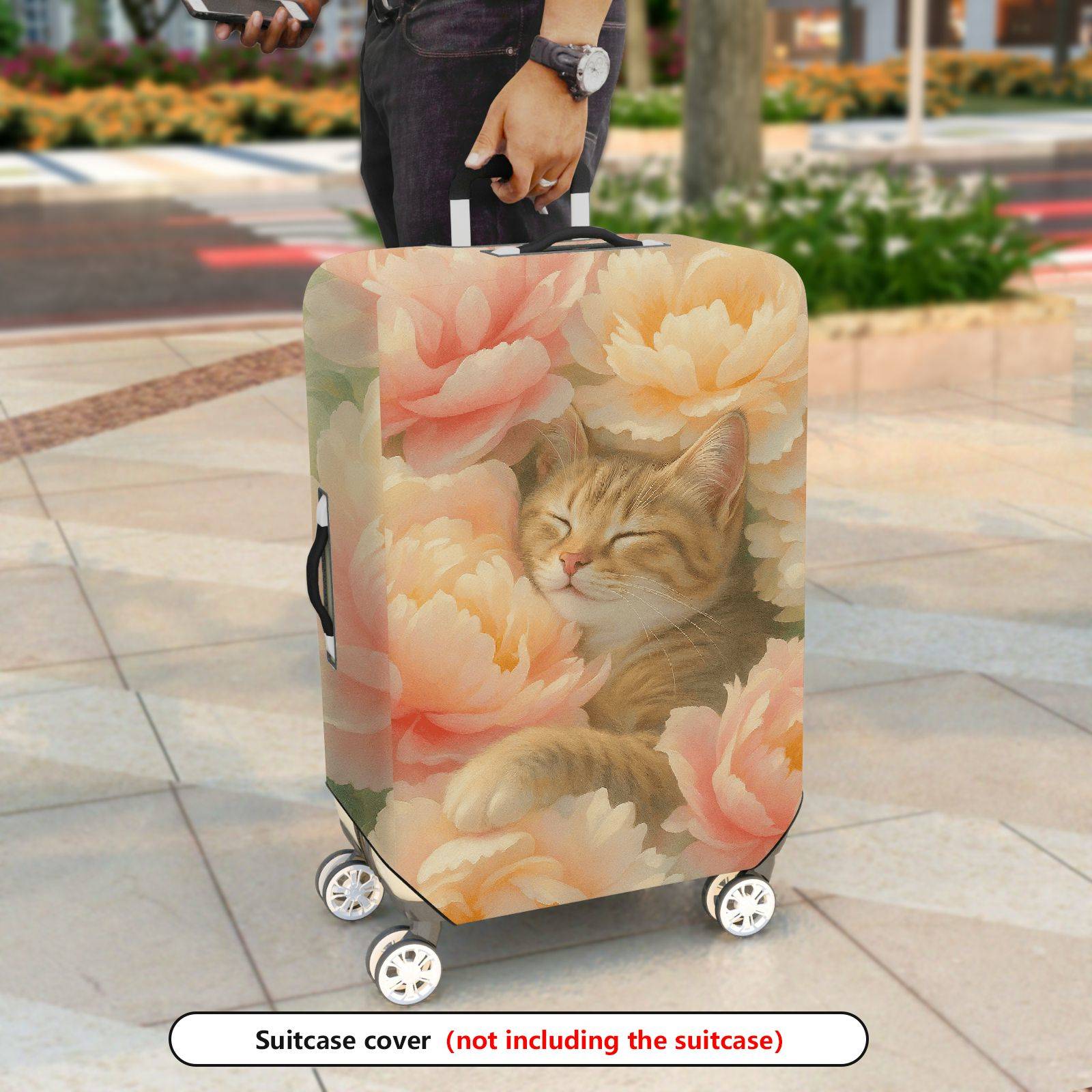 1-Piece Floral Cat Peony Blossom Nature Art  Suitcase Luggage Cover, Stretch Protective Sleeve
