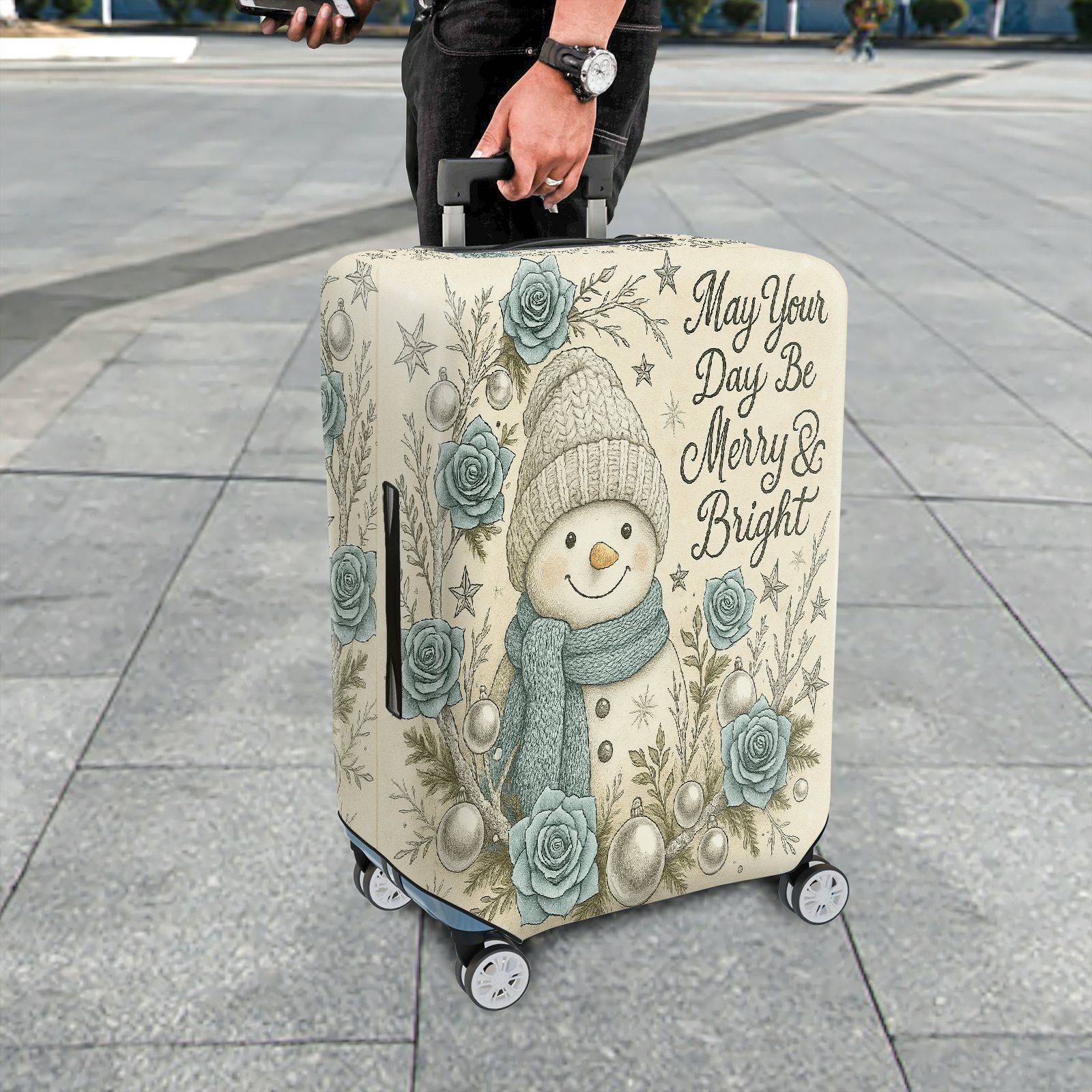 1-Piece Snowman Winter Holiday Christmas Floral Star  Suitcase Luggage Cover, Stretch Protective Sleeve